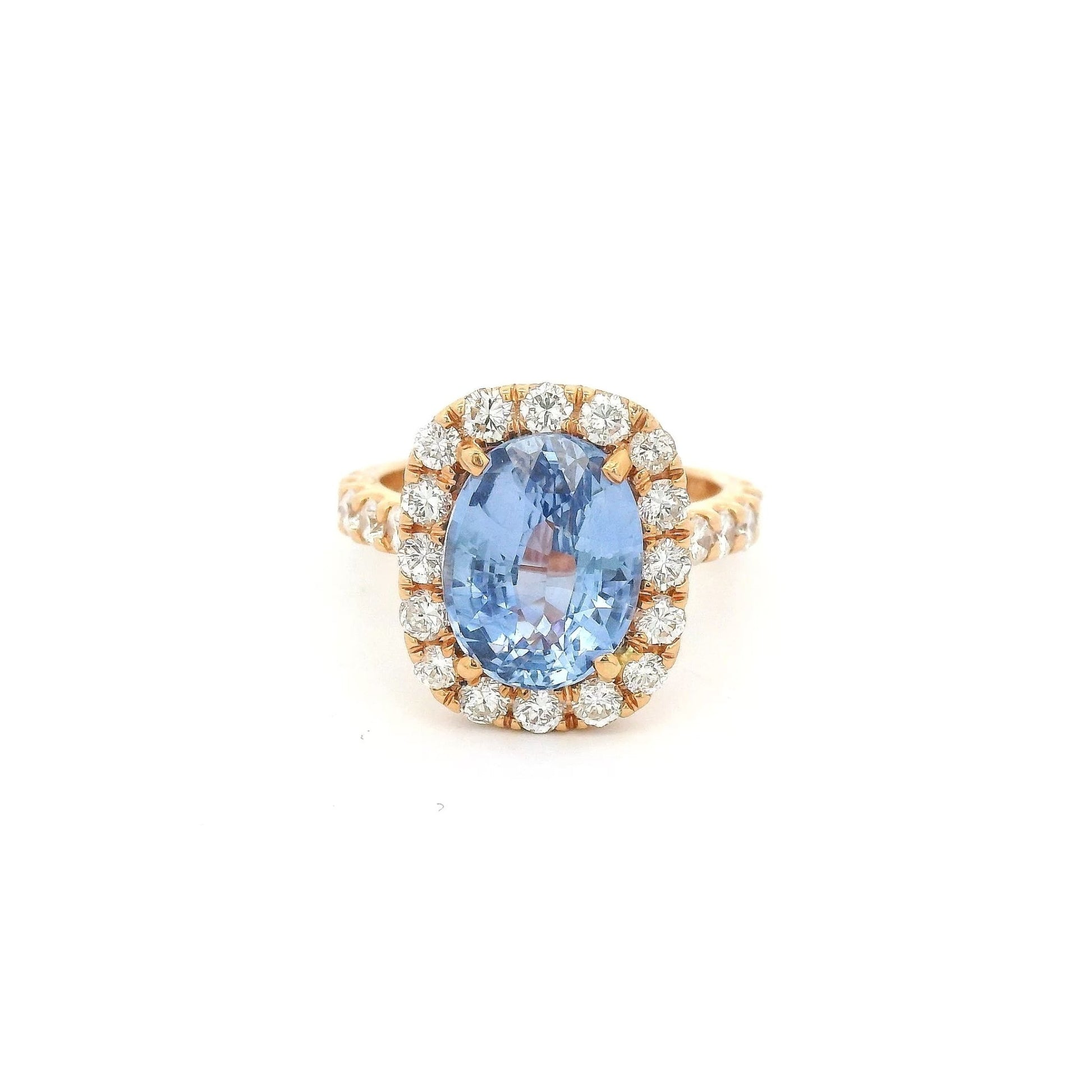 5.12ct Oval Cut Ceylon Sapphire Ring With Diamond Halo & Diamonds Down Shank - Forever Rox Fine Jewelry