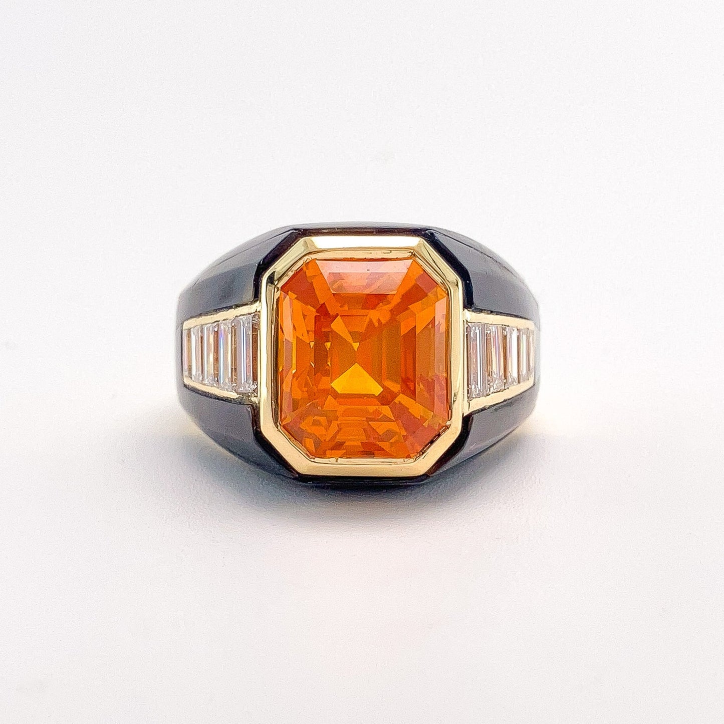 8.02ct GIA Certified Orange Sapphire & Diamond Ring with Abalone Inlay, 18k - Forever Rox Fine Jewelry