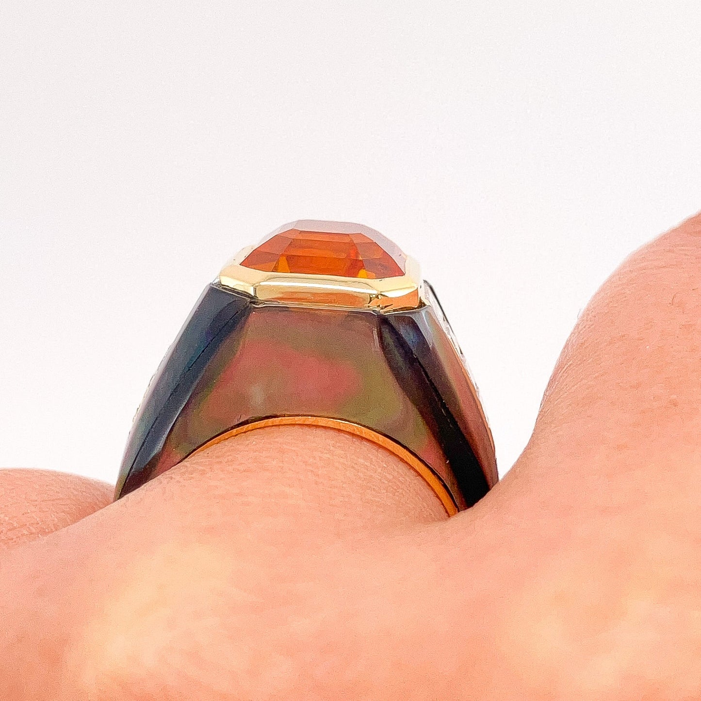 8.02ct GIA Certified Orange Sapphire & Diamond Ring with Abalone Inlay, 18k - Forever Rox Fine Jewelry