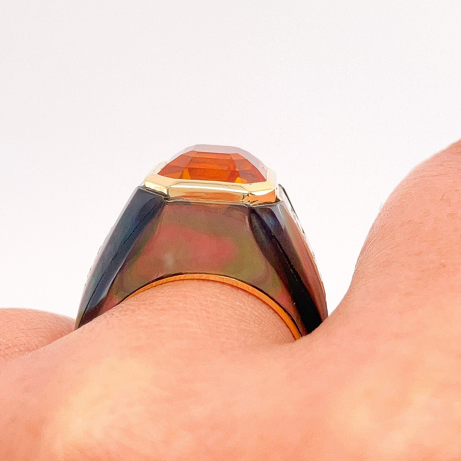 8.02ct GIA Certified Orange Sapphire & Diamond Ring with Abalone Inlay, 18k - Forever Rox Fine Jewelry