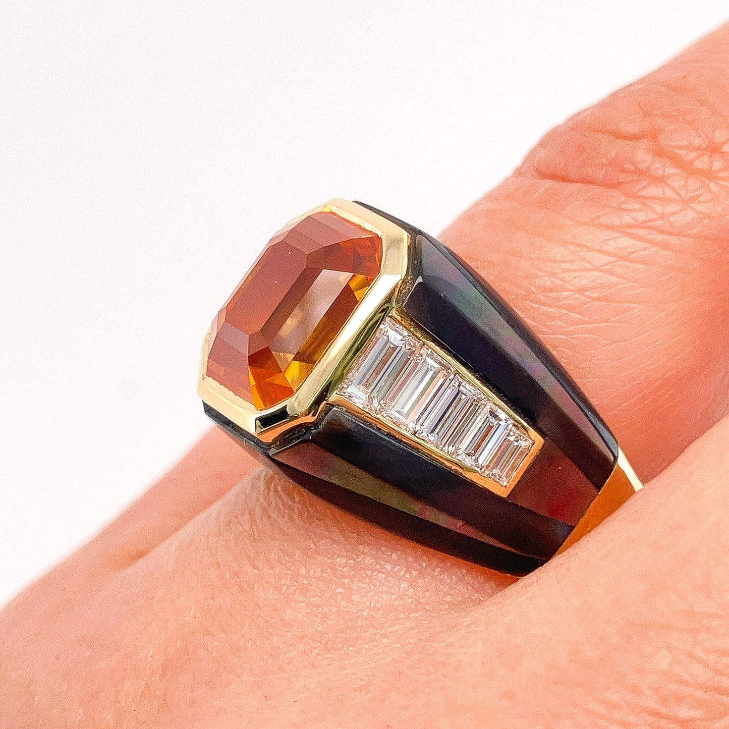 8.02ct GIA Certified Orange Sapphire & Diamond Ring with Abalone Inlay, 18k - Forever Rox Fine Jewelry