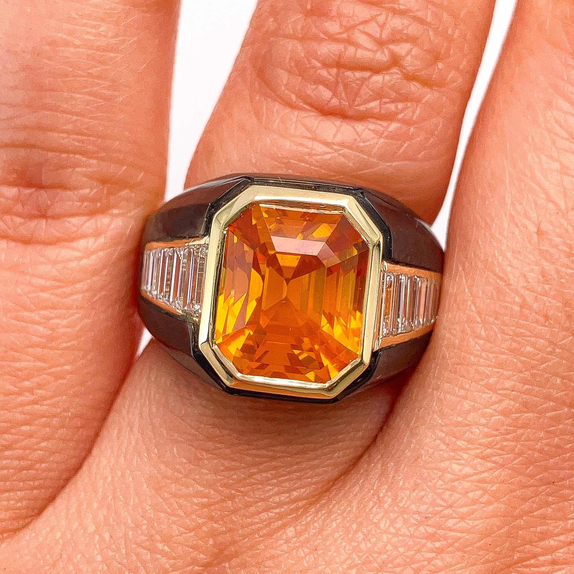 8.02ct GIA Certified Orange Sapphire & Diamond Ring with Abalone Inlay, 18k - Forever Rox Fine Jewelry