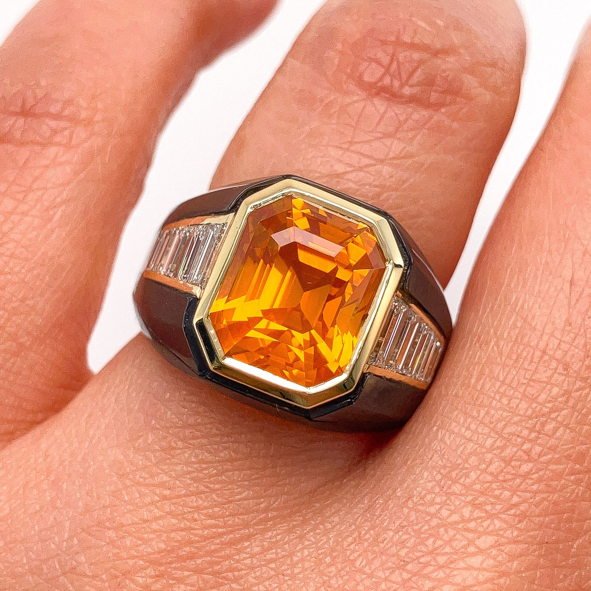 8.02ct GIA Certified Orange Sapphire & Diamond Ring with Abalone Inlay, 18k - Forever Rox Fine Jewelry