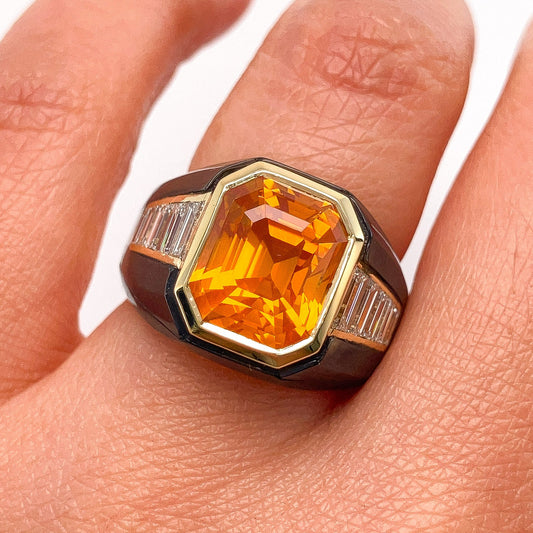 8.02ct GIA Certified Orange Sapphire & Diamond Ring with Abalone Inlay, 18k - Forever Rox Fine Jewelry