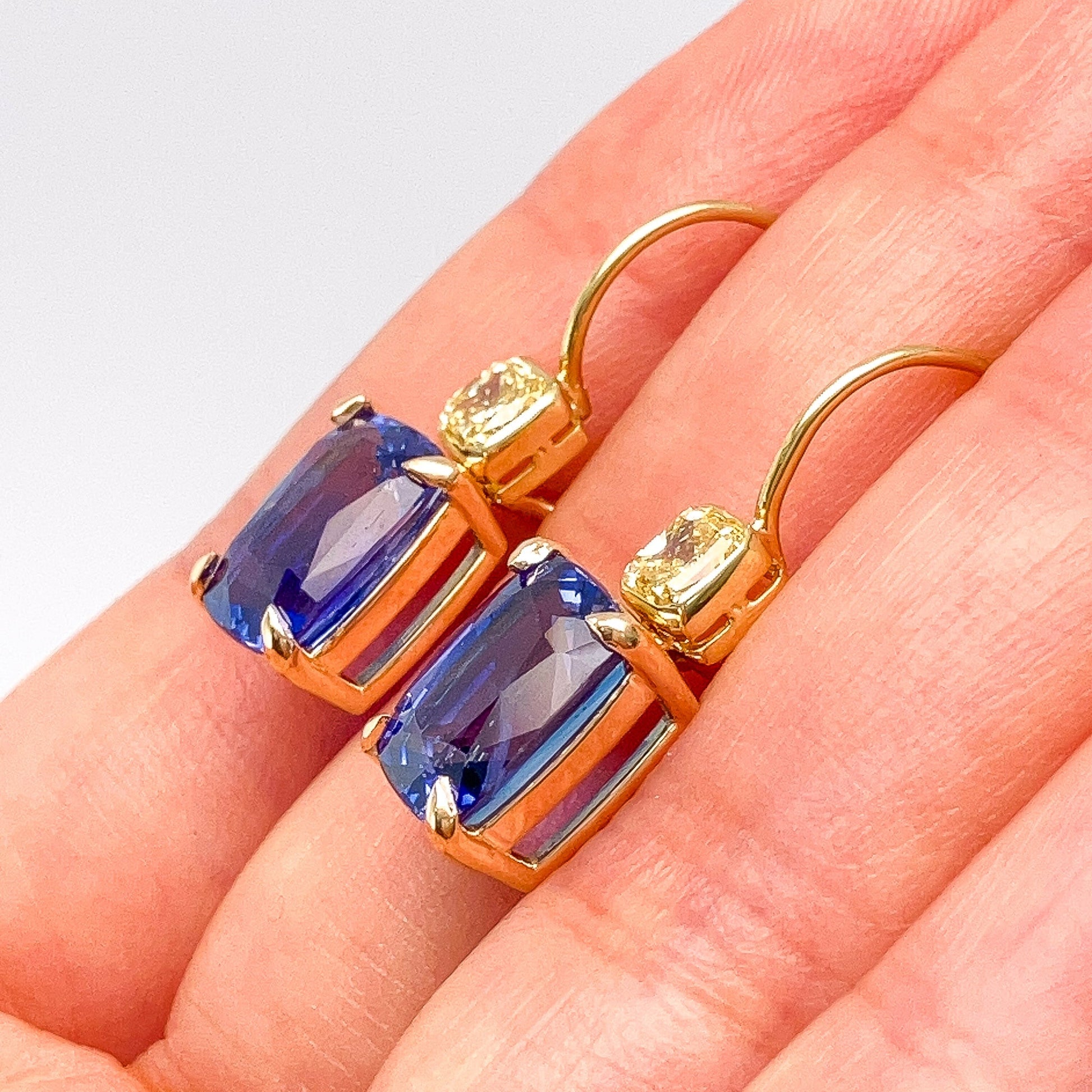 8.43cts Sapphire Cushion & Yellow Diamond Earrings, 18k - Forever Rox
