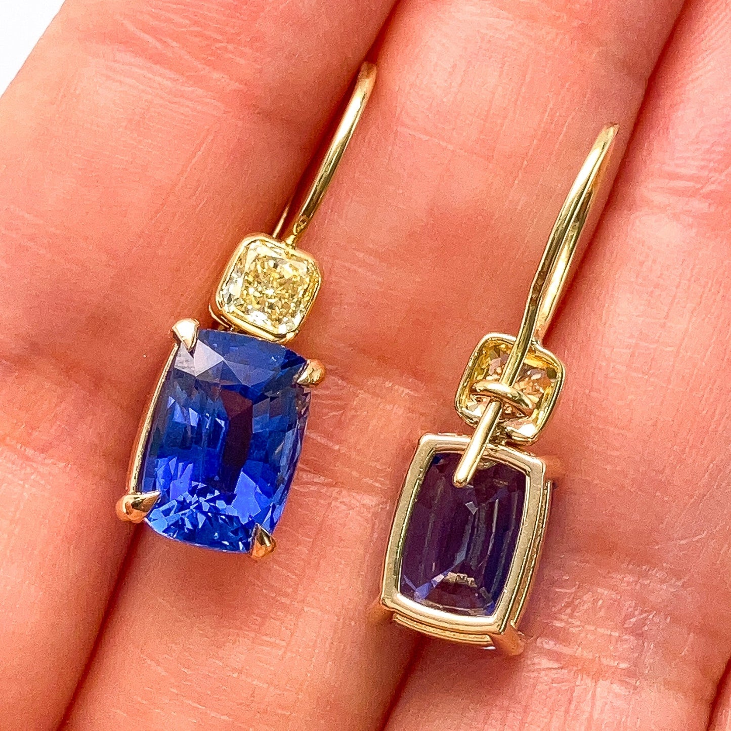 8.43cts Sapphire Cushion & Yellow Diamond Earrings, 18k - Forever Rox