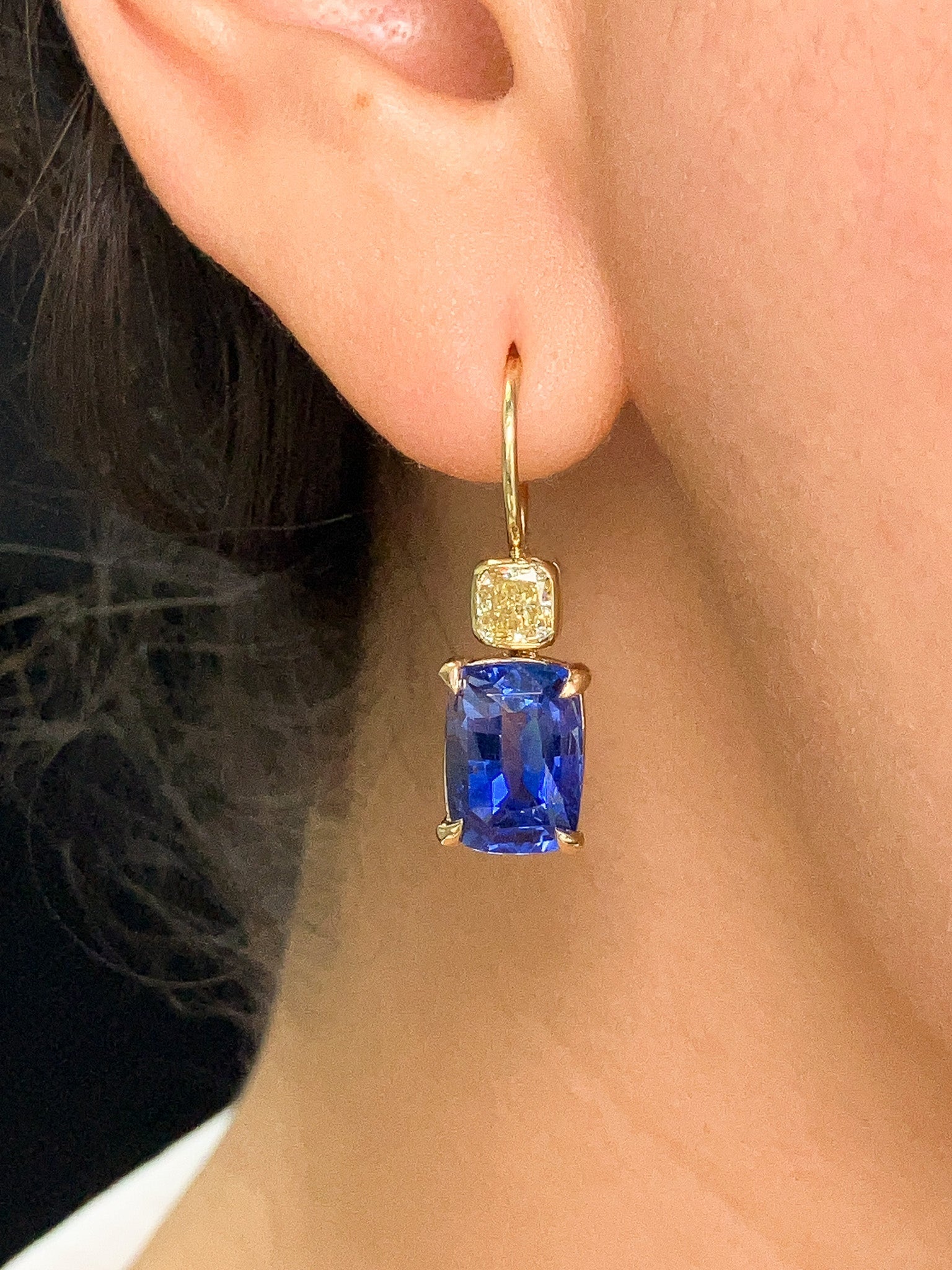 8.43cts Sapphire Cushion & Yellow Diamond Earrings, 18k - Forever Rox