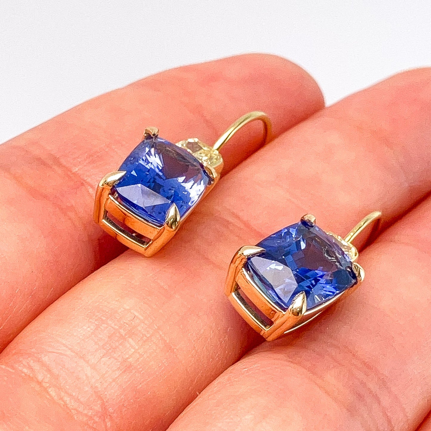 8.43cts Sapphire Cushion & Yellow Diamond Earrings, 18k - Forever Rox