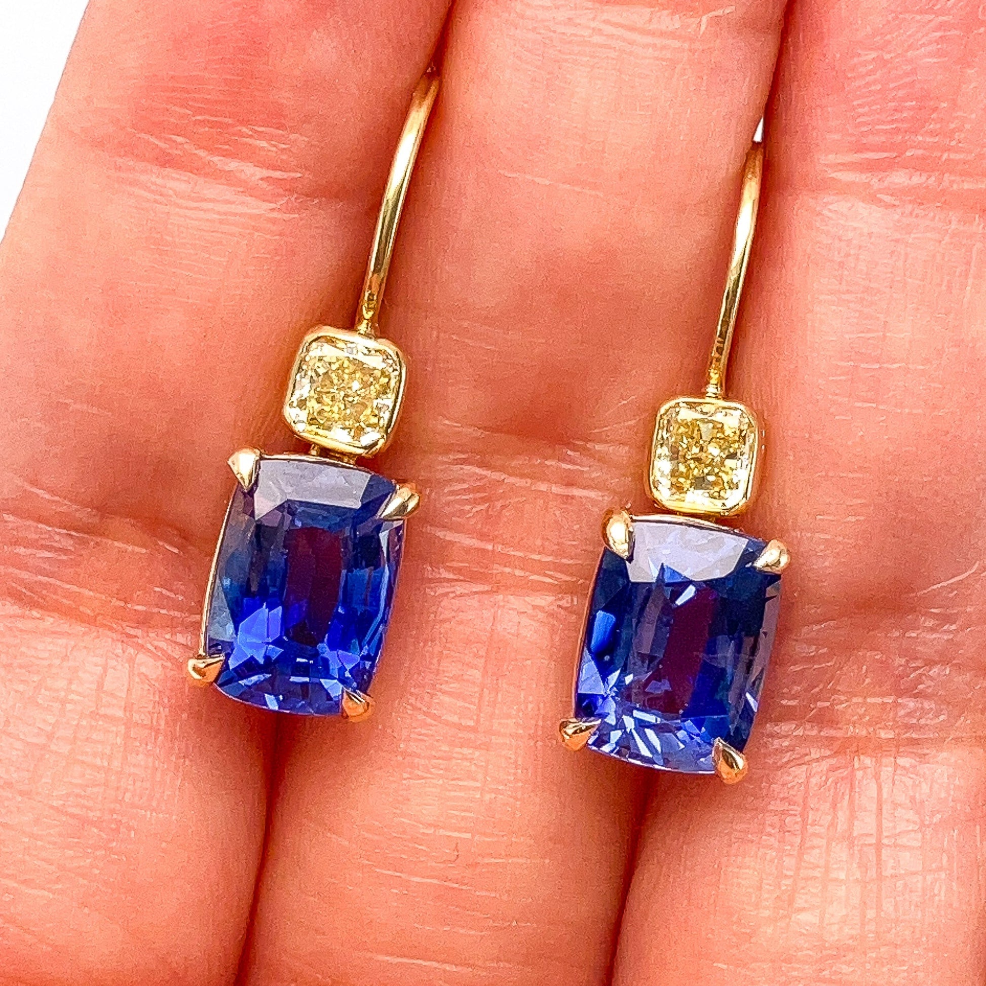 8.43cts Sapphire Cushion & Yellow Diamond Earrings, 18k - Forever Rox