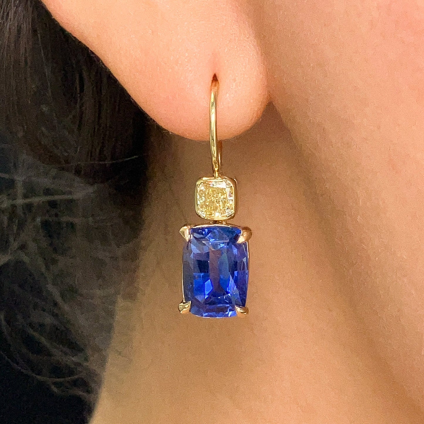 8.43cts Sapphire Cushion & Yellow Diamond Earrings, 18k - Forever Rox