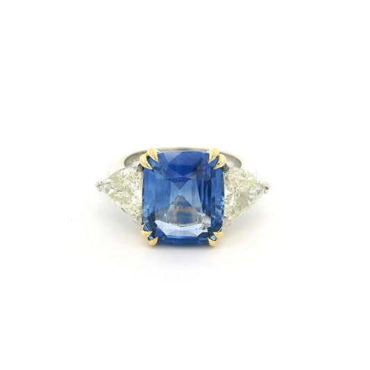 8.73ct GIA Certified Cushion Cut Ceylon Sapphire & Trillion Cut Diamond Ring - Forever Rox