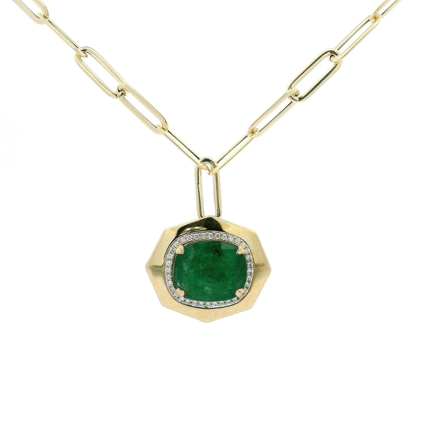 9.30ct Cushion Cut Emerald & Diamond Paperclip Necklace - Forever Rox Fine Jewelry