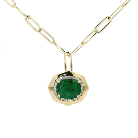 9.30ct Cushion Cut Emerald & Diamond Paperclip Necklace - Forever Rox Fine Jewelry