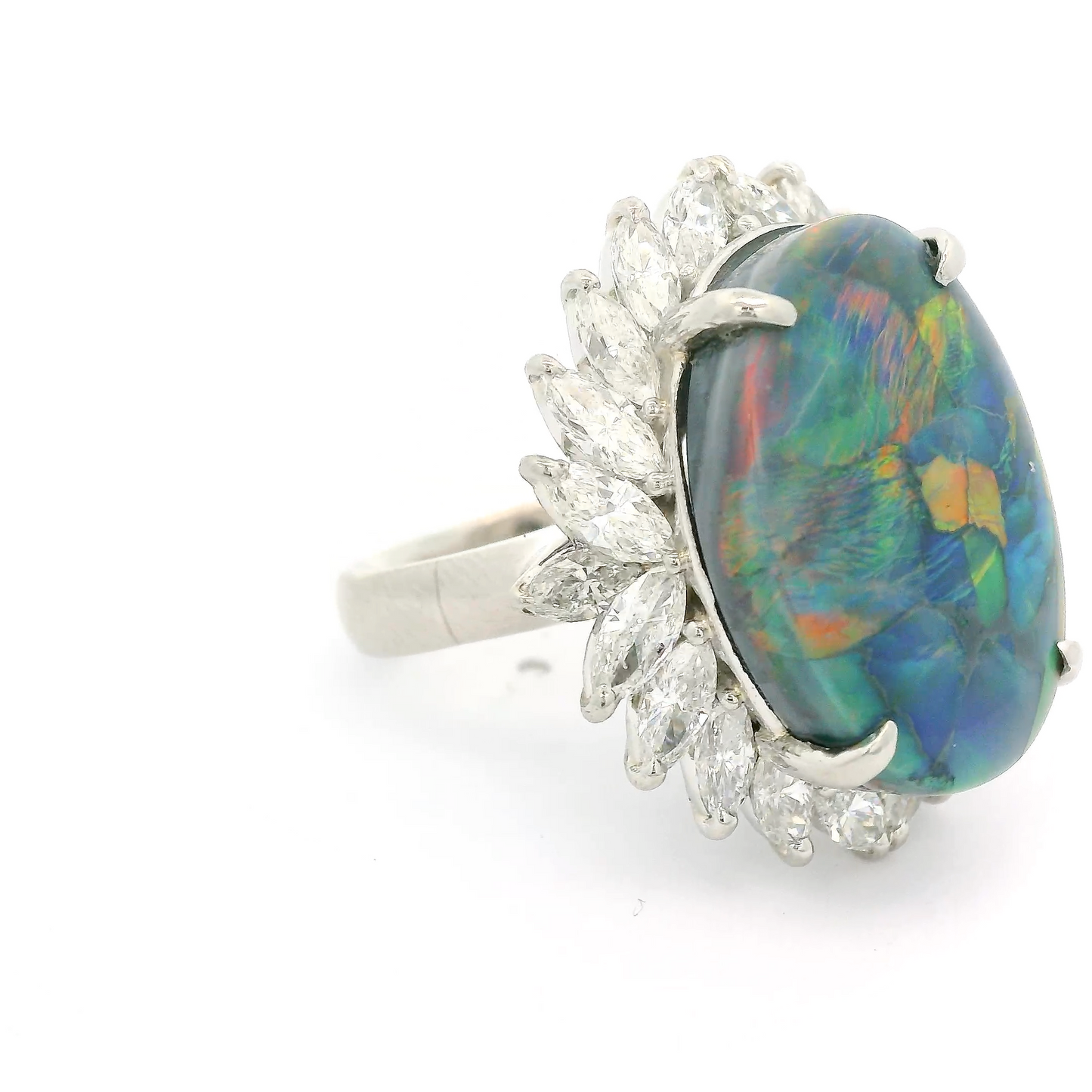 Lightning Ridge Black Opal Ring With Marquise Cut Diamonds