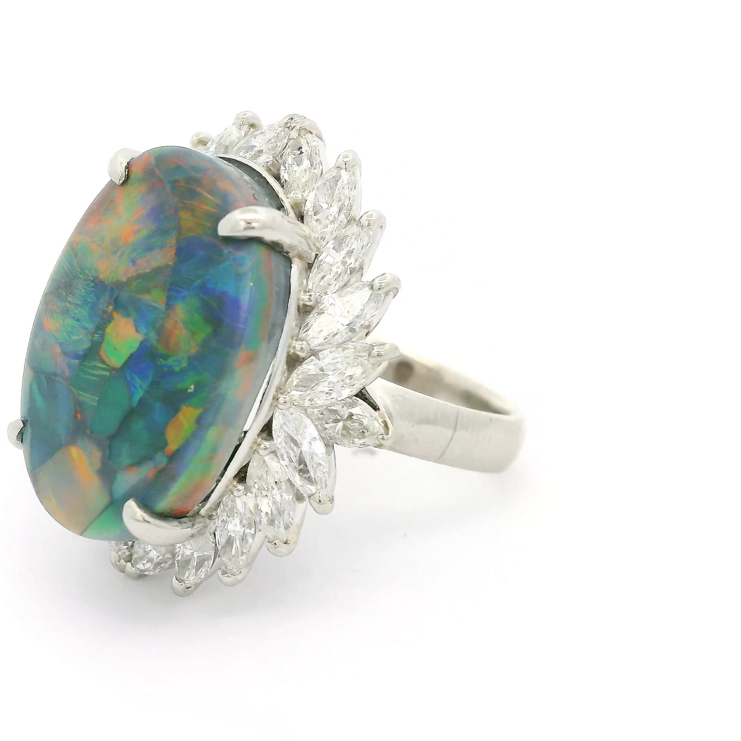 Lightning Ridge Black Opal Ring With Marquise Cut Diamonds