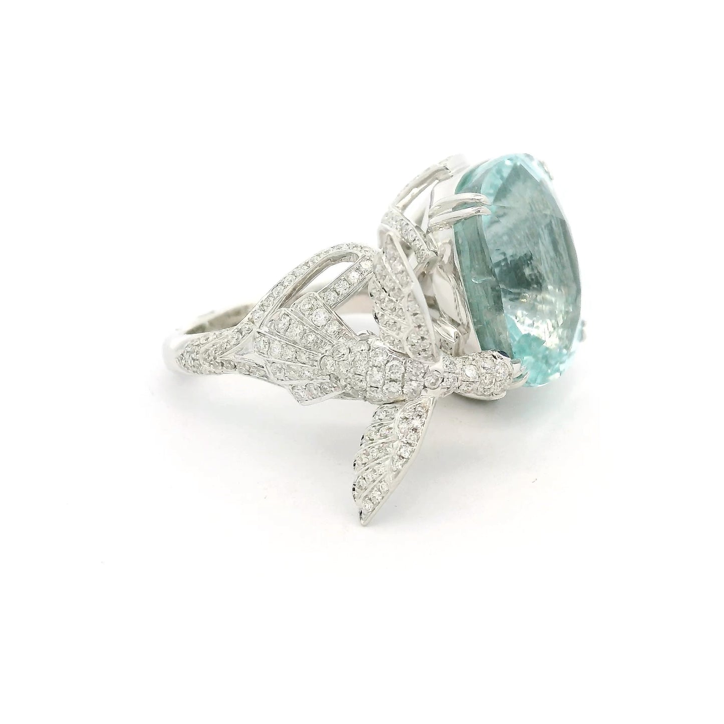 A White Gold Ring with a Natural Diamond bird drinking from a cushion cut Natural Diamond Pond at Forever Rox Fine Jewelry, Lake Tahoes Best Jewelry Store