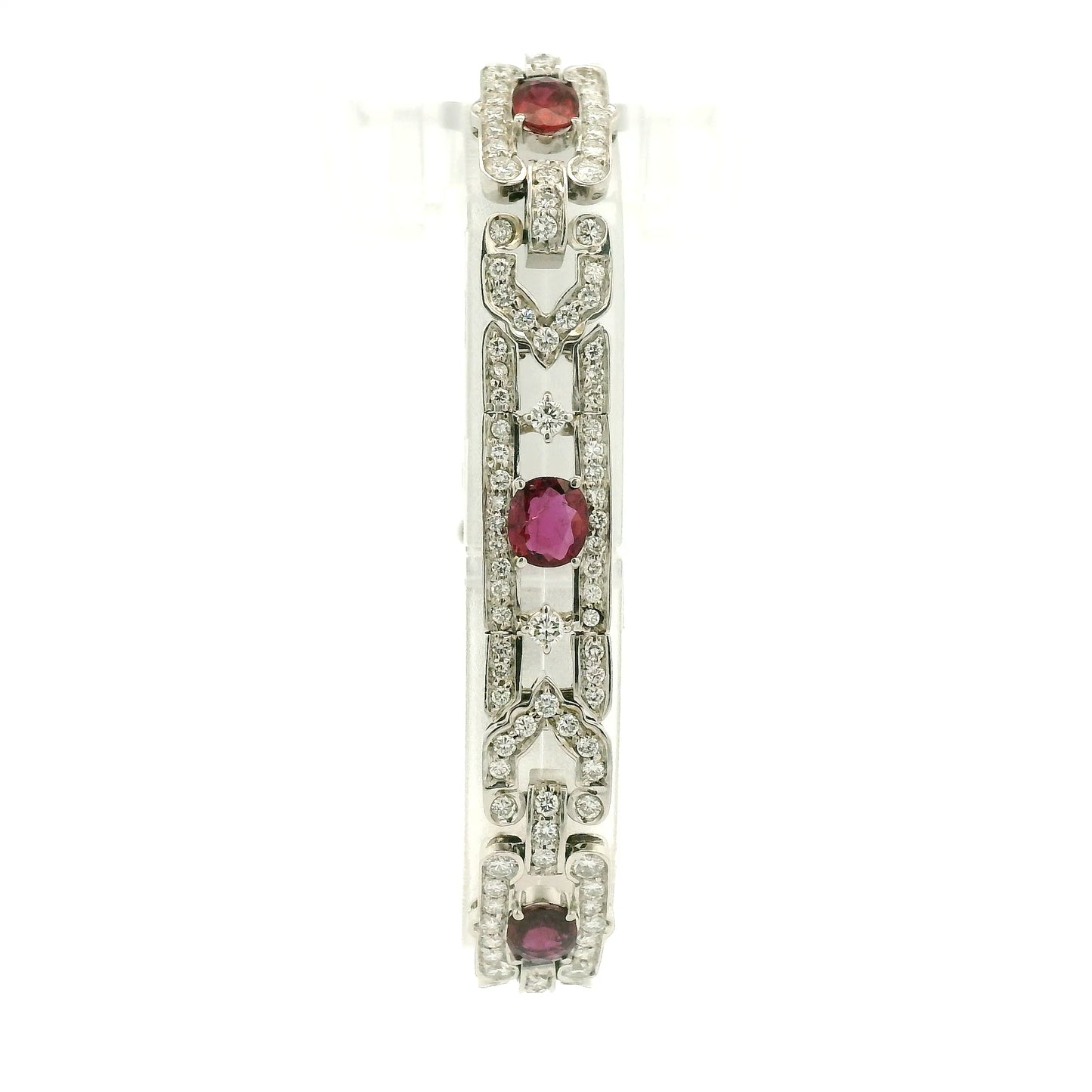 A White Gold Art Deco Bracelet with oval cut natural Rubies and diamonds at Forever Rox Fine Jewelry, Lake Tahoes Best Jewelry Store