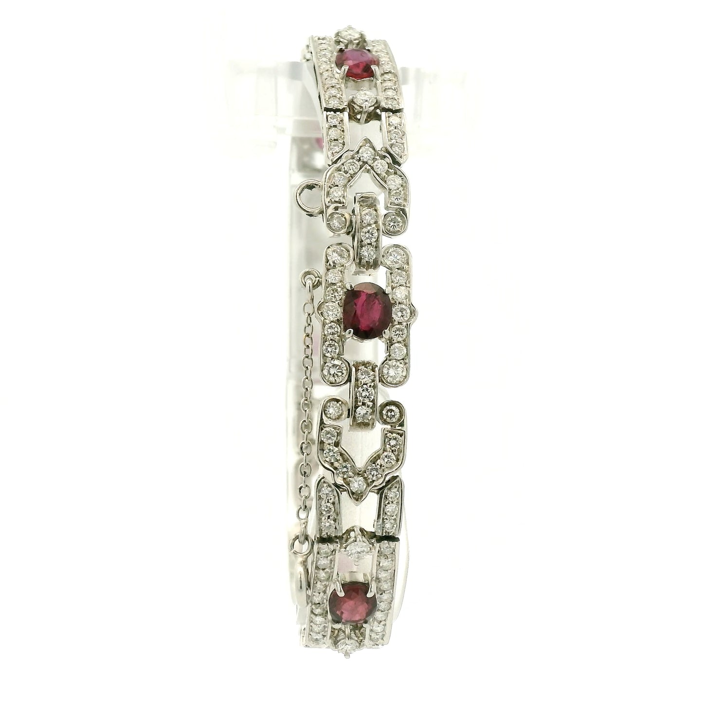 A White Gold Art Deco Bracelet with oval cut natural Rubies and diamonds at Forever Rox Fine Jewelry, Lake Tahoes Best Jewelry Store
