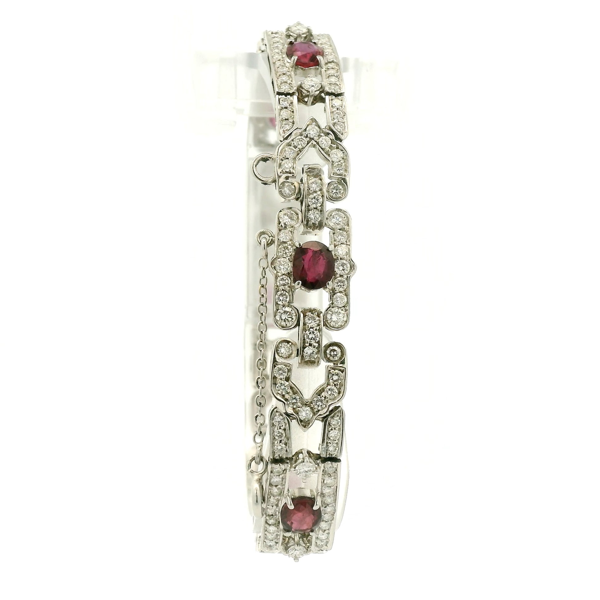 A White Gold Art Deco Bracelet with oval cut natural Rubies and diamonds at Forever Rox Fine Jewelry, Lake Tahoes Best Jewelry Store
