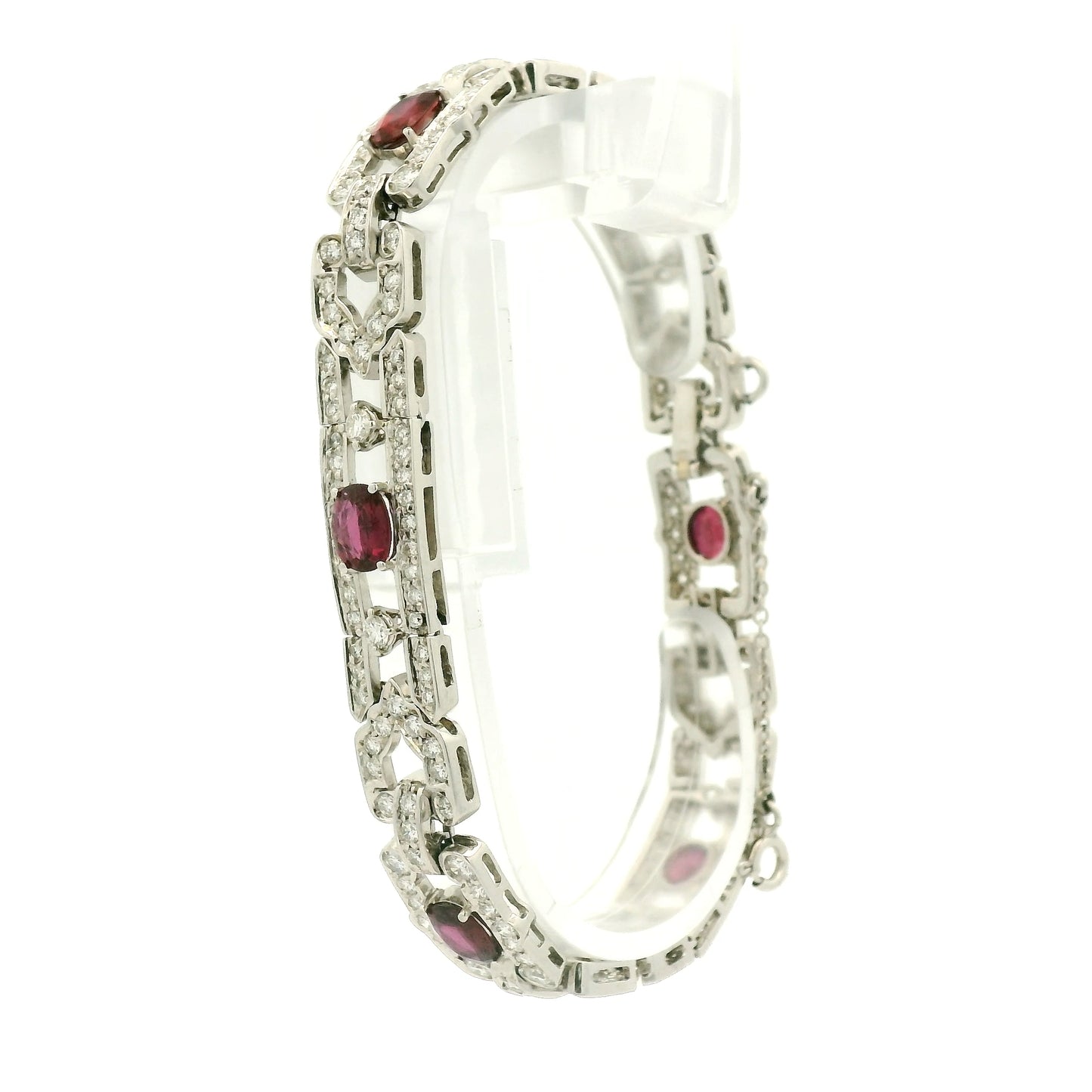 A White Gold Art Deco Bracelet with oval cut natural Rubies and diamonds at Forever Rox Fine Jewelry, Lake Tahoes Best Jewelry Store