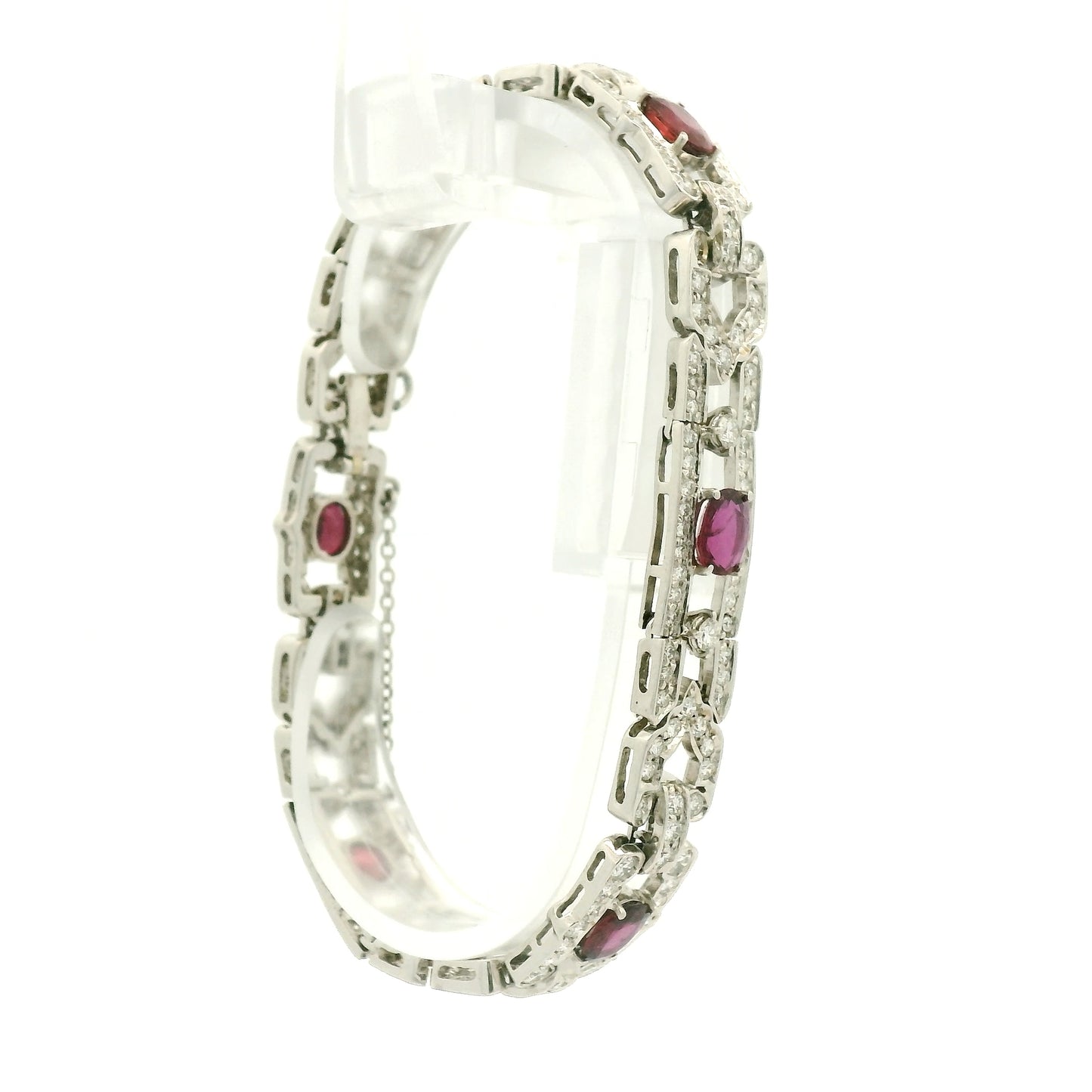A White Gold Art Deco Bracelet with oval cut natural Rubies and diamonds at Forever Rox Fine Jewelry, Lake Tahoes Best Jewelry Store