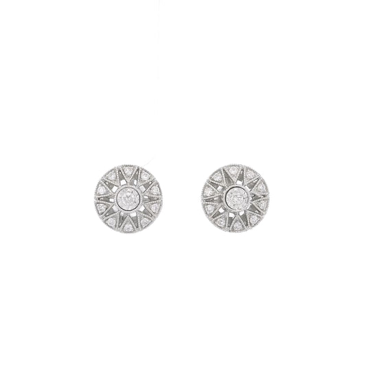 A Pair of White Gold Art Deco Style Stud Earrings with bezel set natural Diamond in the center with diamond accents at Forever Rox Fine Jewelry, Lake Tahoes Best Jewelry Store