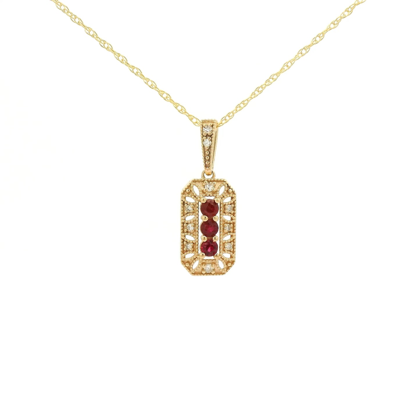 Yellow Gold Pendant with 3 prong set round cut natural Rubies in the center filigree design and diamonds at Forever Rox Fine Jewelry, Lake Tahoes Best Jewelry Store
