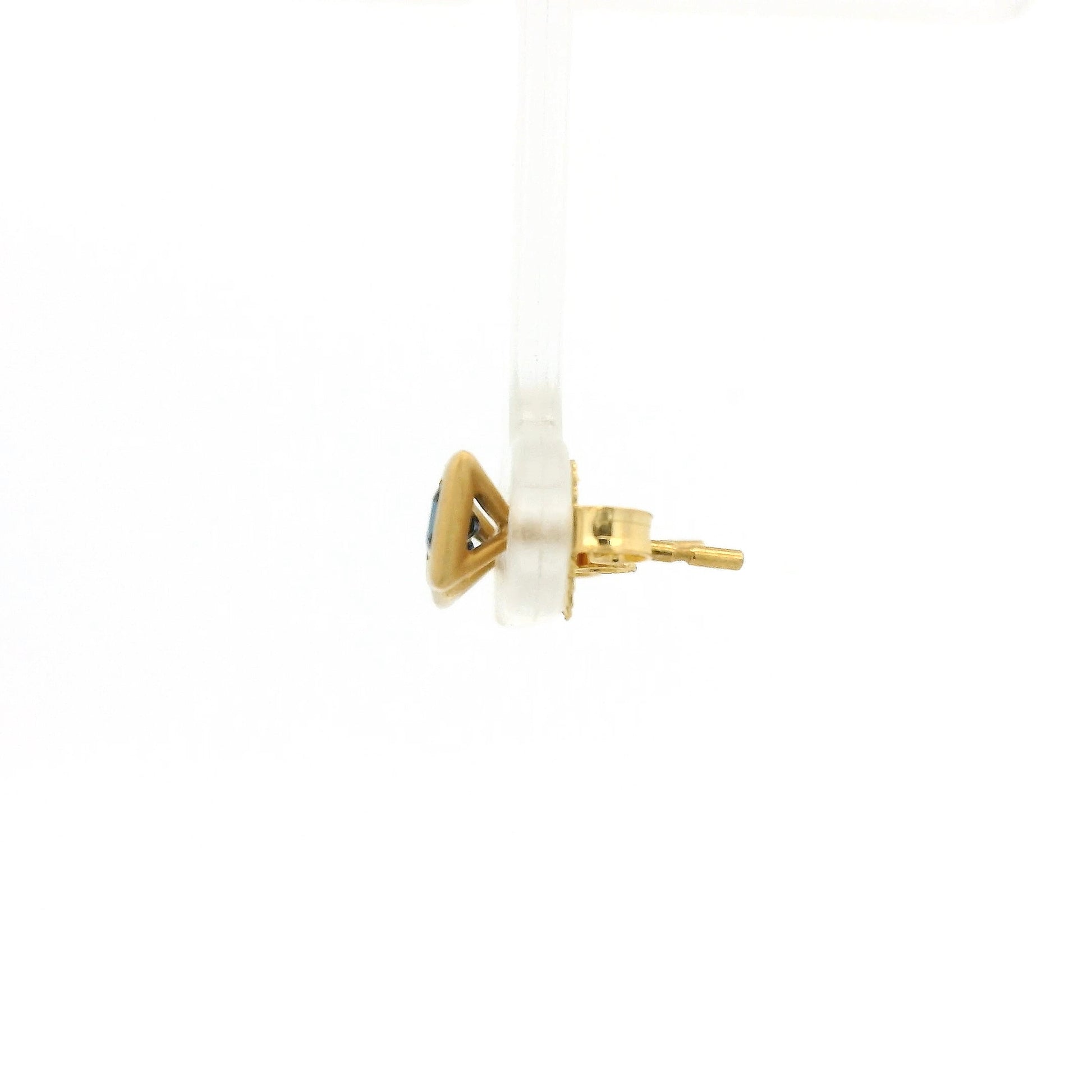A Pair of Yellow Gold Stud Earrings with bezel set princess cut natural Sapphires in the center at Forever Rox Fine Jewelry, Lake Tahoes Best Jewelry Store