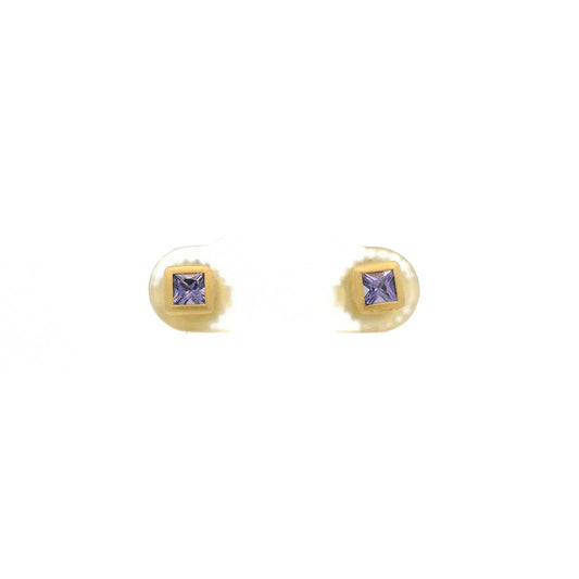 A Pair of Yellow Gold Stud Earrings with bezel set princess cut natural Purple Sapphire in the center at Forever Rox Fine Jewelry, Lake Tahoes Best Jewelry Store