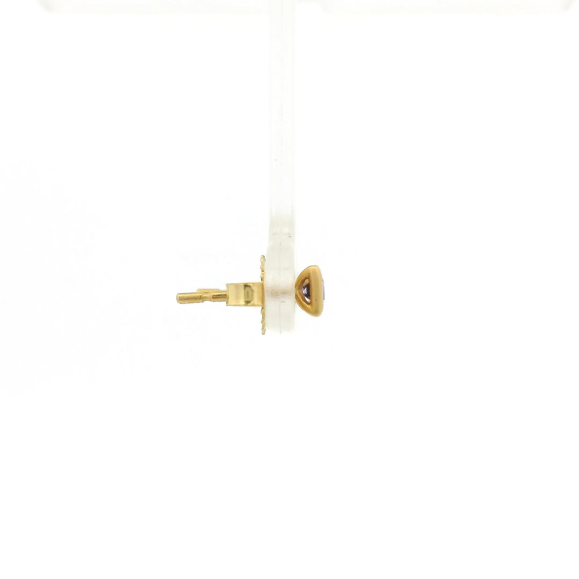 A Pair of Yellow Gold Stud Earrings with bezel set princess cut natural Purple Sapphire in the center at Forever Rox Fine Jewelry, Lake Tahoes Best Jewelry Store
