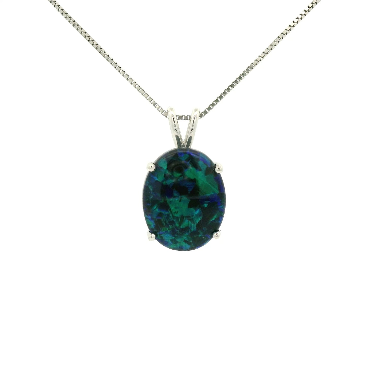 A White Gold Pendant with a prong set oval cut natural Black Lightning Ridge Opal in the center at Forever Rox Fine Jewelry, Lake Tahoes Best Jewelry Store