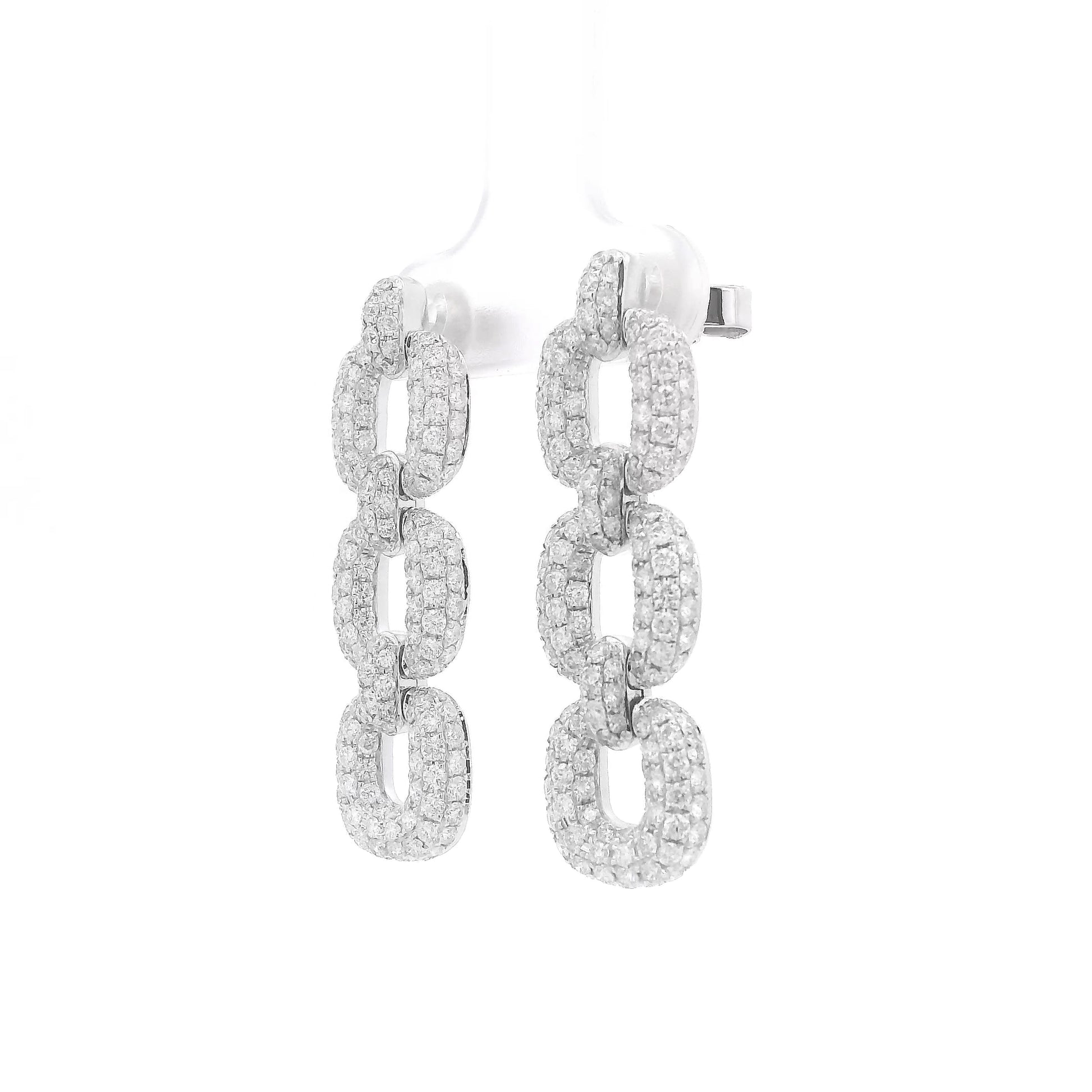 A Pair of White Gold Chainlink Dangle Earrings with pavé natural Diamonds at Forever Rox Fine Jewelry, Lake Tahoes Best Jewelry Store