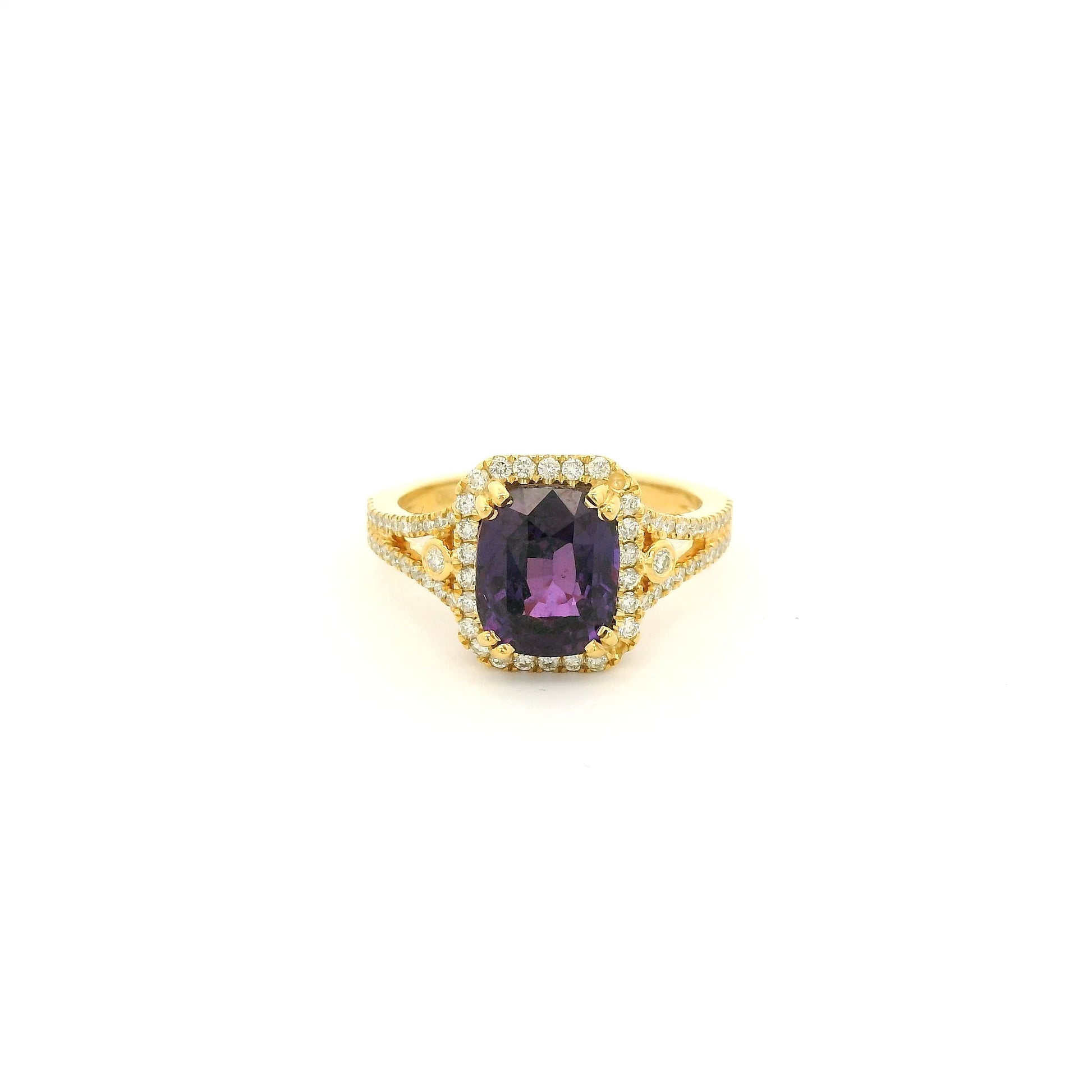 A Yellow Gold Ring with a prong set cushion cut NO Heat natural Purple Sapphire in the center with diamond accents at Forever Rox Fine Jewelry, Lake Tahoes Best Jewelry Store

