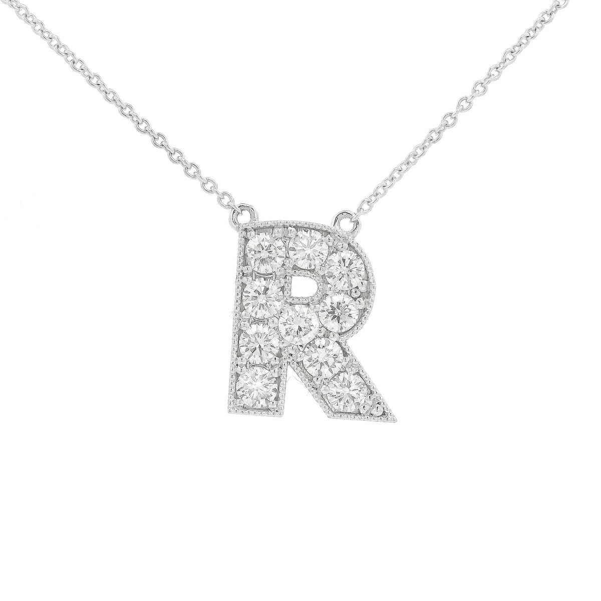 A White Gold Letter R Pendant with Diamonds at Forever Rox Fine Jewelry, Lake Tahoes Best Jewelry Store