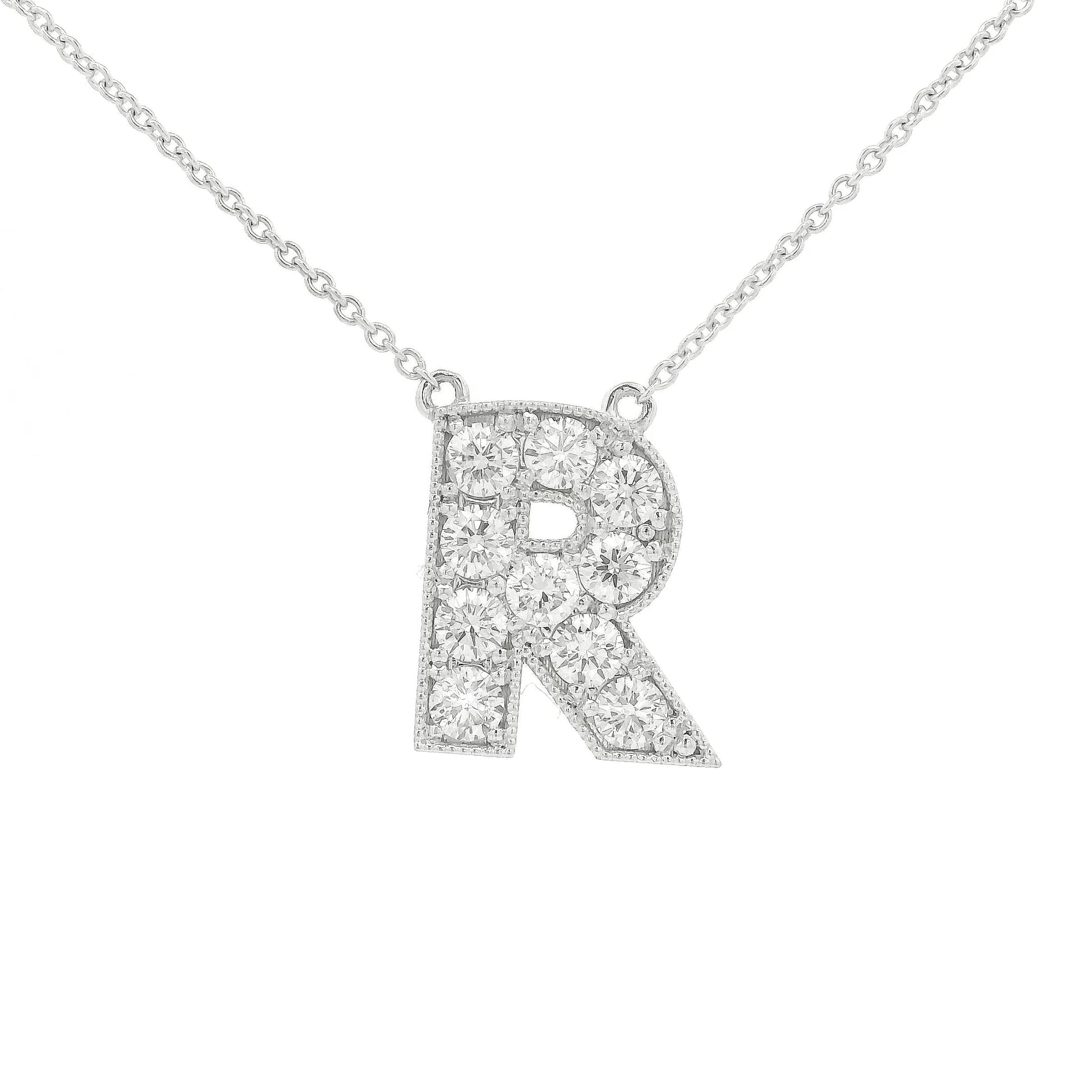 A White Gold Letter R Pendant with Diamonds at Forever Rox Fine Jewelry, Lake Tahoes Best Jewelry Store