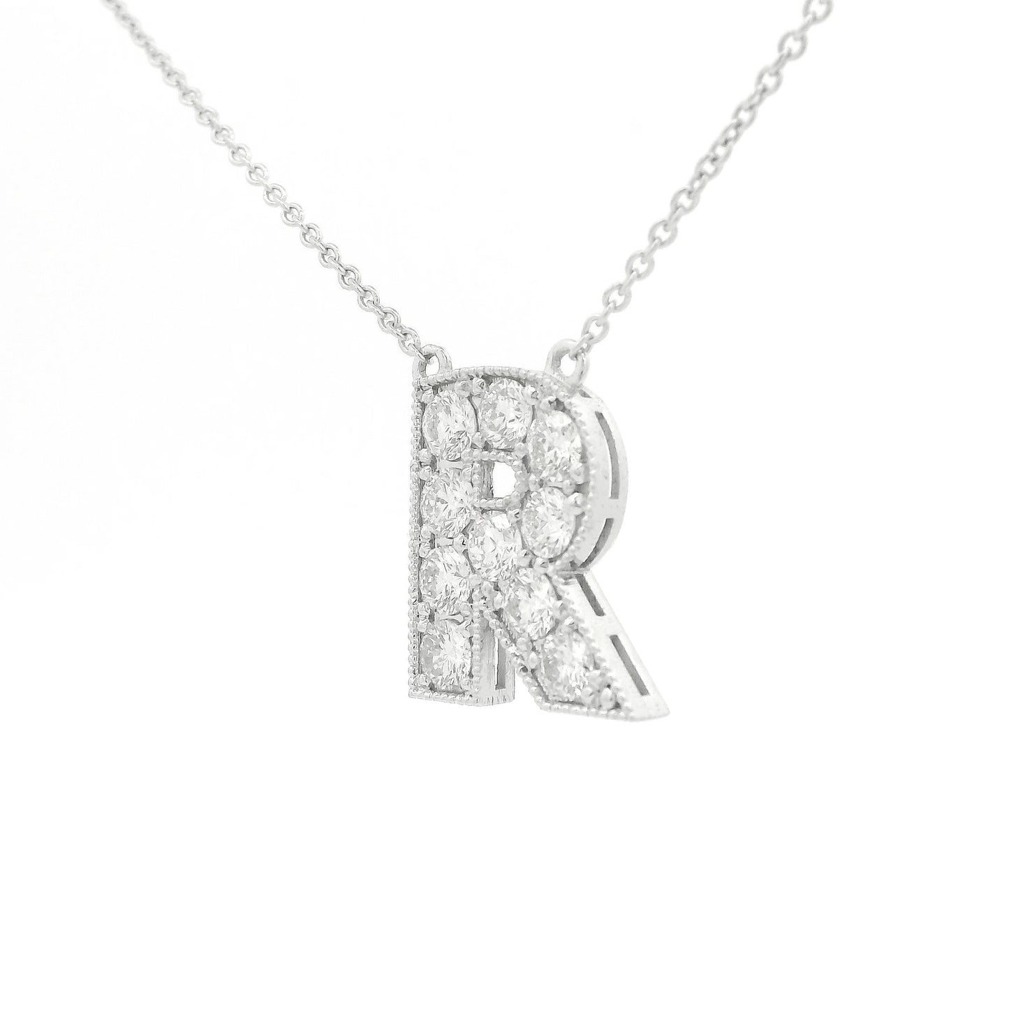 A White Gold Letter R Pendant with Diamonds at Forever Rox Fine Jewelry, Lake Tahoes Best Jewelry Store