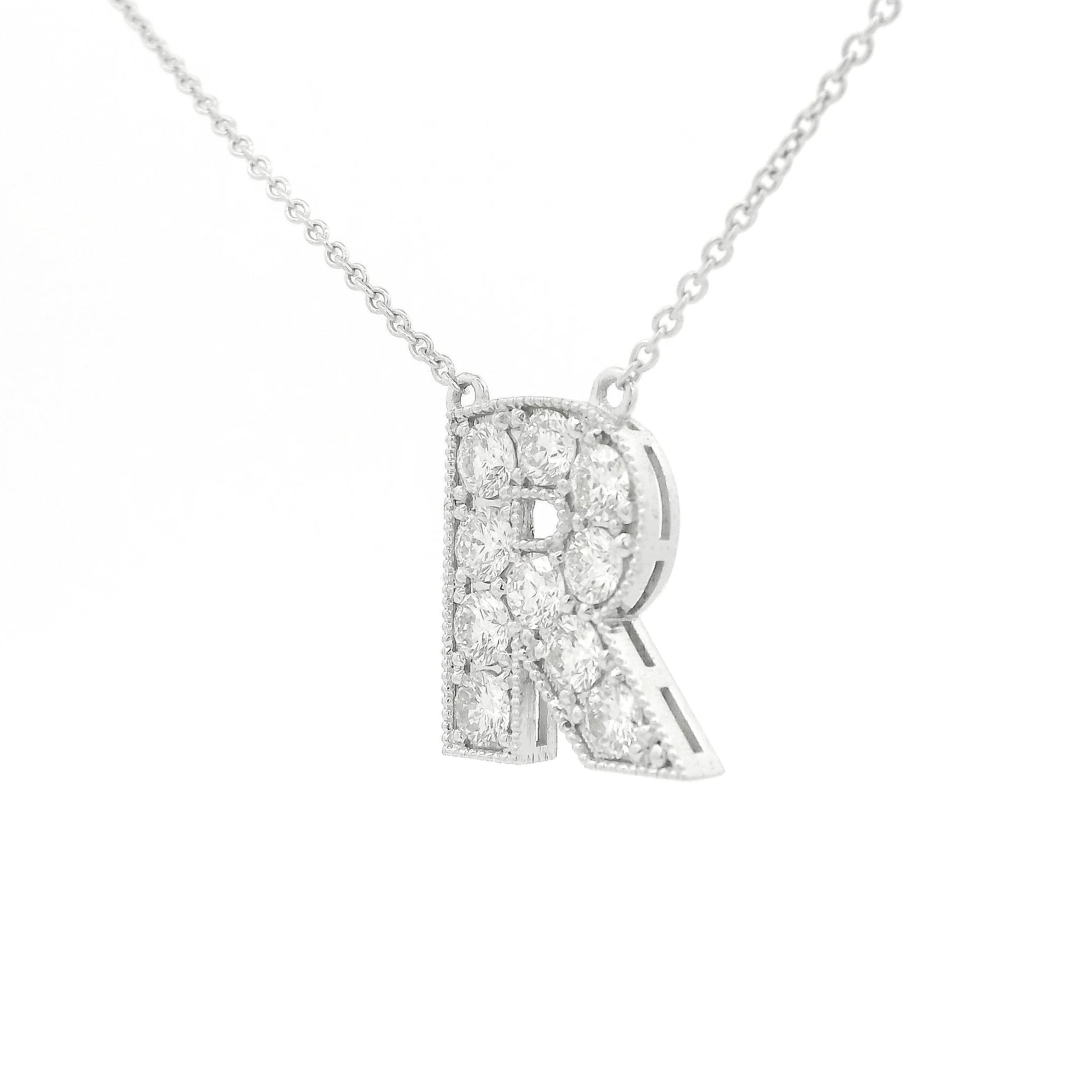 A White Gold Letter R Pendant with Diamonds at Forever Rox Fine Jewelry, Lake Tahoes Best Jewelry Store