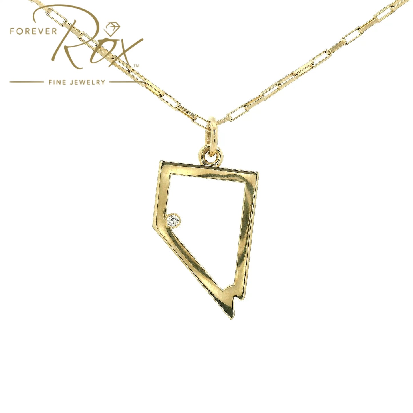A Yellow Gold Nevada Outline Pendant with a bezel set round cut natural Diamond where Lake Tahoe is at Forever Rox Fine Jewelry, Lake Tahoes Best Jewelry Store
