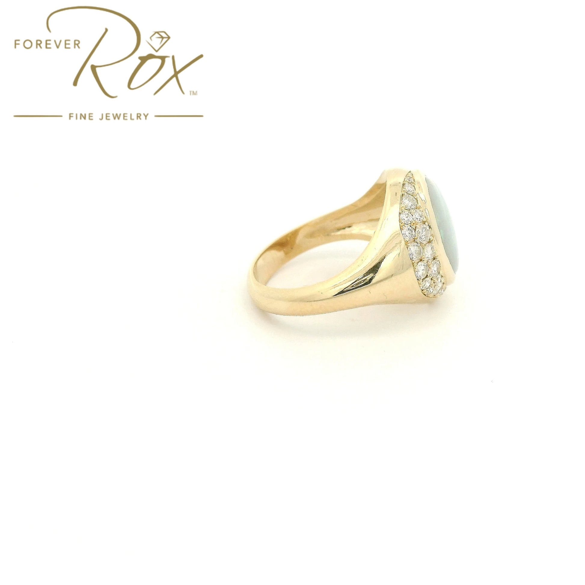 Custom 14k yellow gold oval opal ring with 0.24ctw diamond crescent moon and diamond star accents by Forever Rox Fine Jewelry, Lake Tahoes Best Jewelry Store