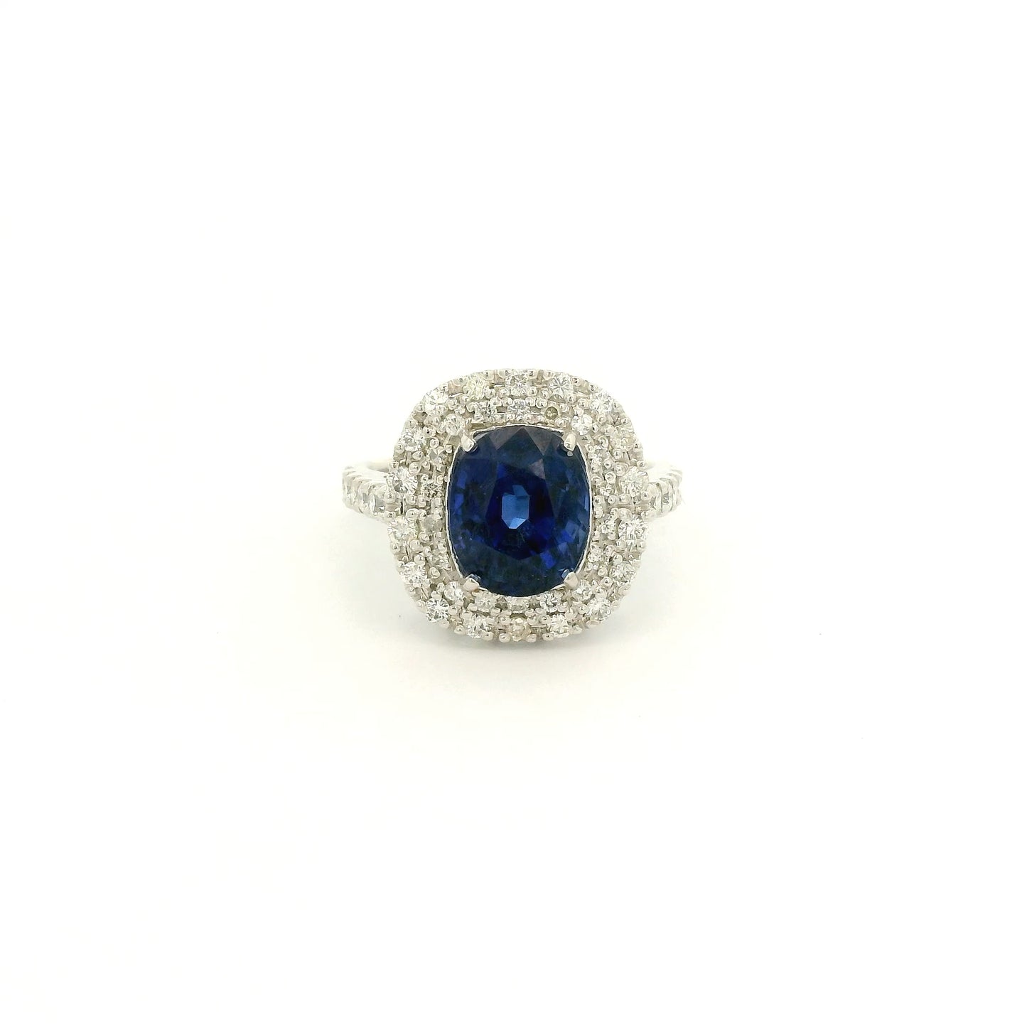 A Platinum Ring with a Prong set oval cut natural GIA certified Sapphire in the center with a halo of pavé diamonds at Forever Rox Fine Jewelry, Lake Tahoes Best Jewelry Store
