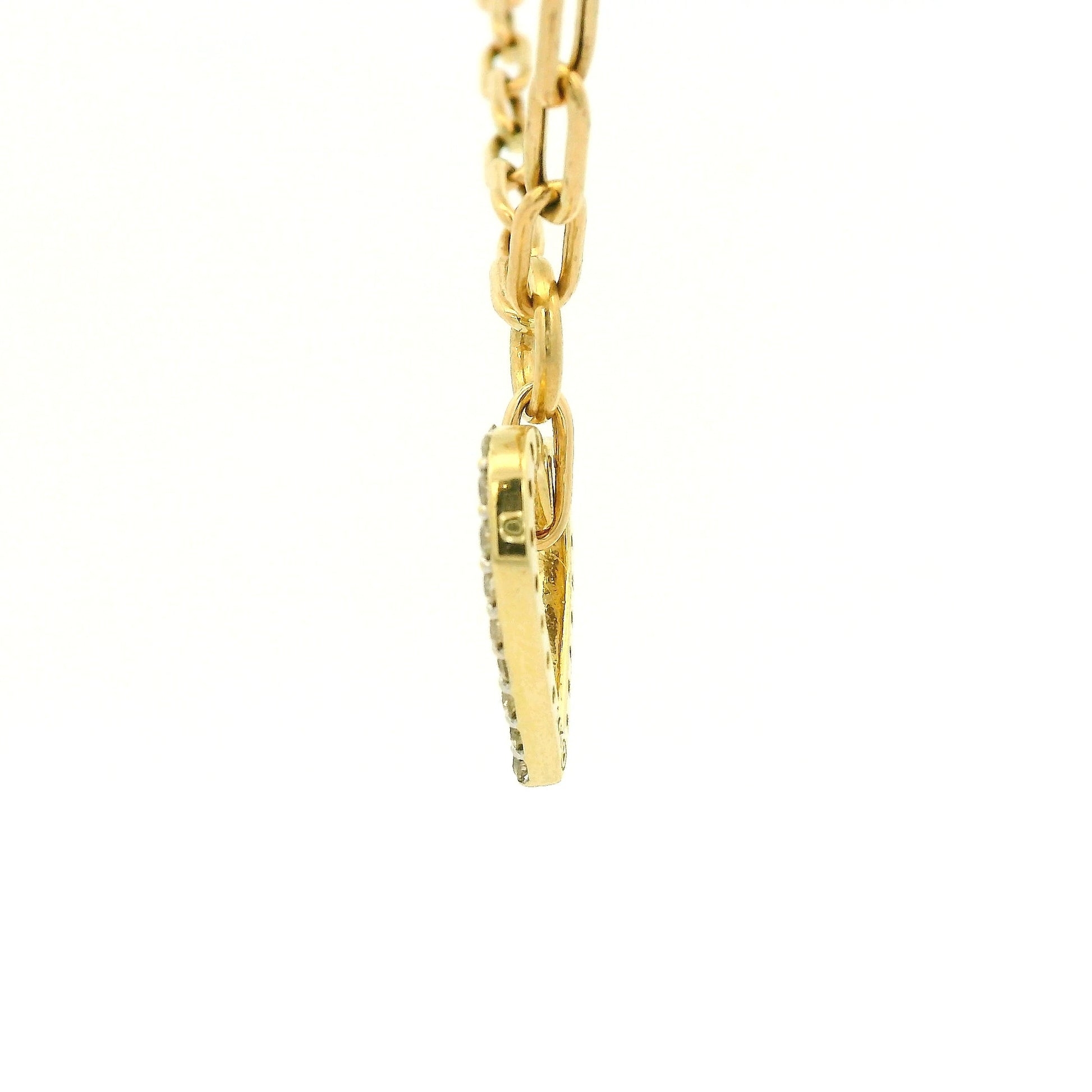 A gold heart-shaped pendant necklace with a pavé diamond outline, suspended from a gold paperclip chain on a white background at Forever Rox Fine Jewelry, Lake Tahoes Best Jewelry Store