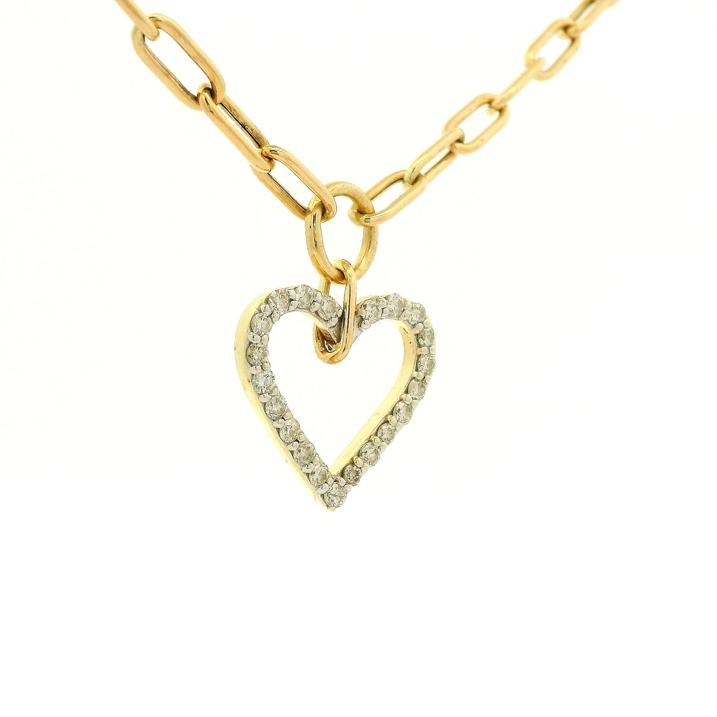 A gold heart-shaped pendant necklace with a pavé diamond outline, suspended from a gold paperclip chain on a white background at Forever Rox Fine Jewelry, Lake Tahoes Best Jewelry Store