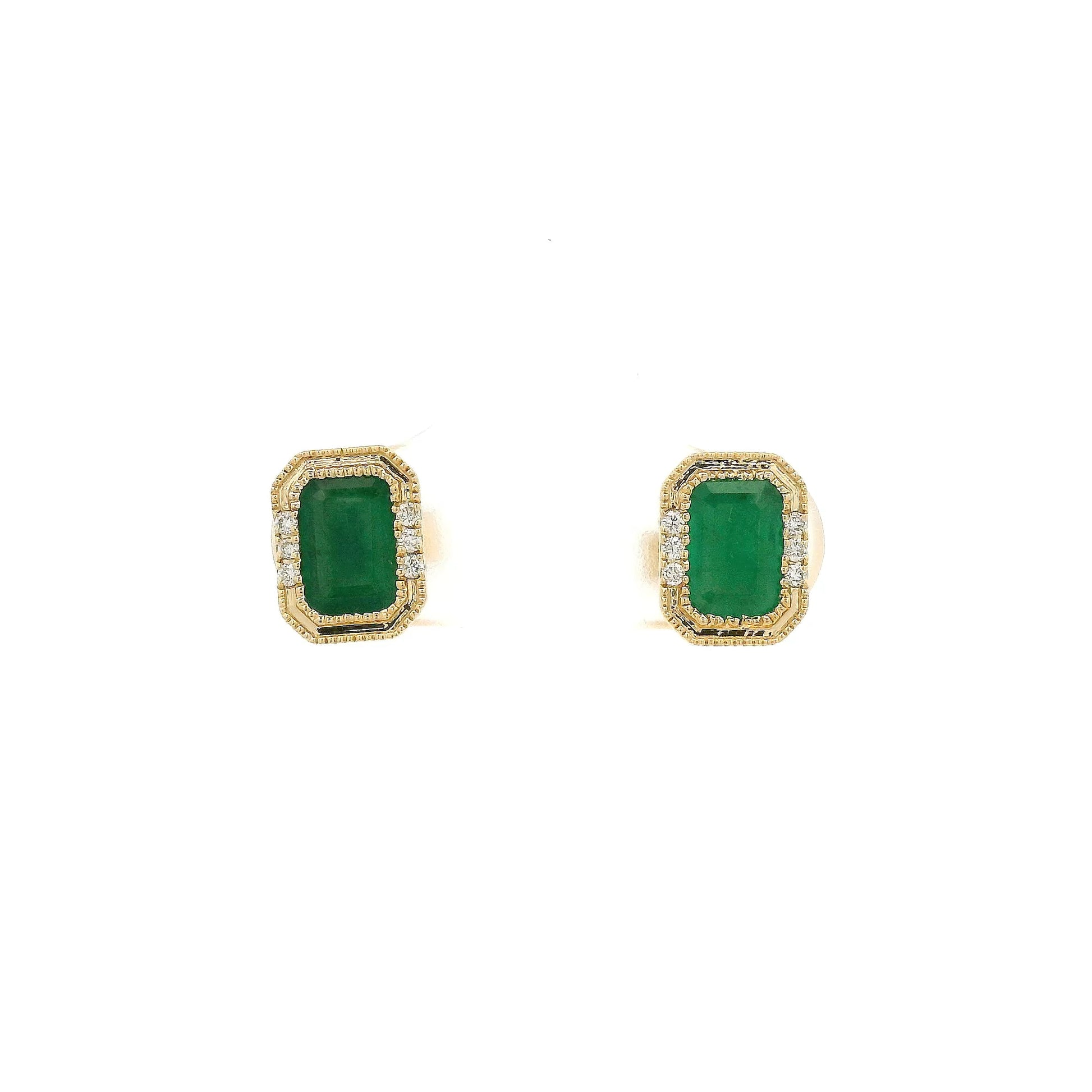 A Pair of Yellow Gold Earrings with a bezel set emerald cut natural Emerald in the center with a halo of diamonds at Forever Rox Fine Jewelry, Lake Tahoes Best Jewelry Store