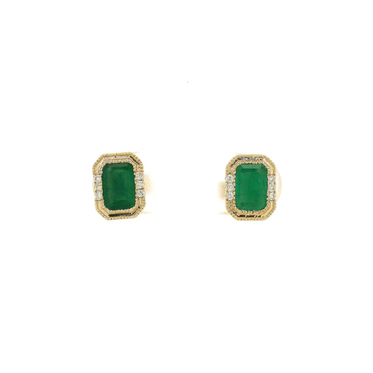 A Pair of Yellow Gold Earrings with a bezel set emerald cut natural Emerald in the center with a halo of diamonds at Forever Rox Fine Jewelry, Lake Tahoes Best Jewelry Store