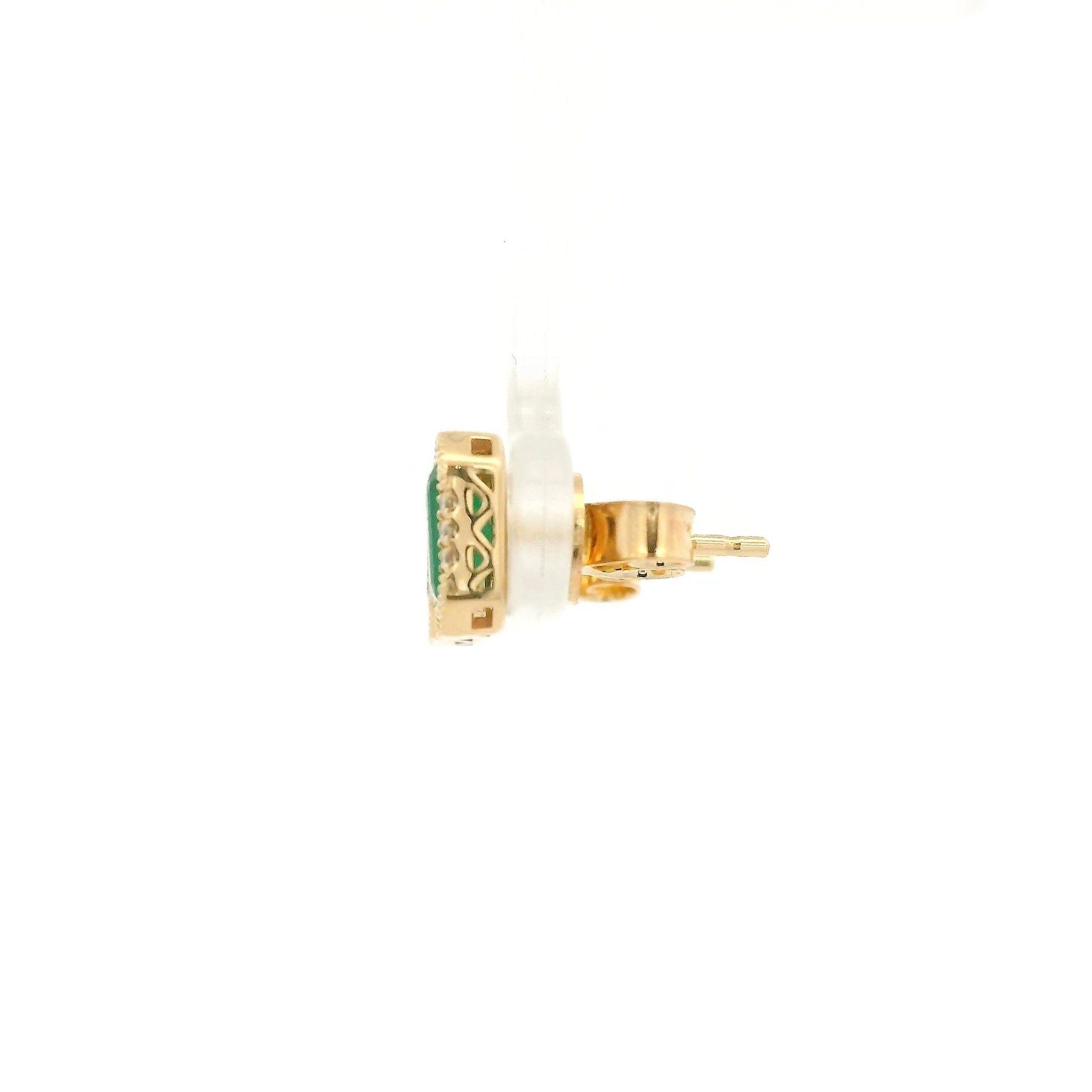 A Pair of Yellow Gold Earrings with a bezel set emerald cut natural Emerald in the center with a halo of diamonds at Forever Rox Fine Jewelry, Lake Tahoes Best Jewelry Store
