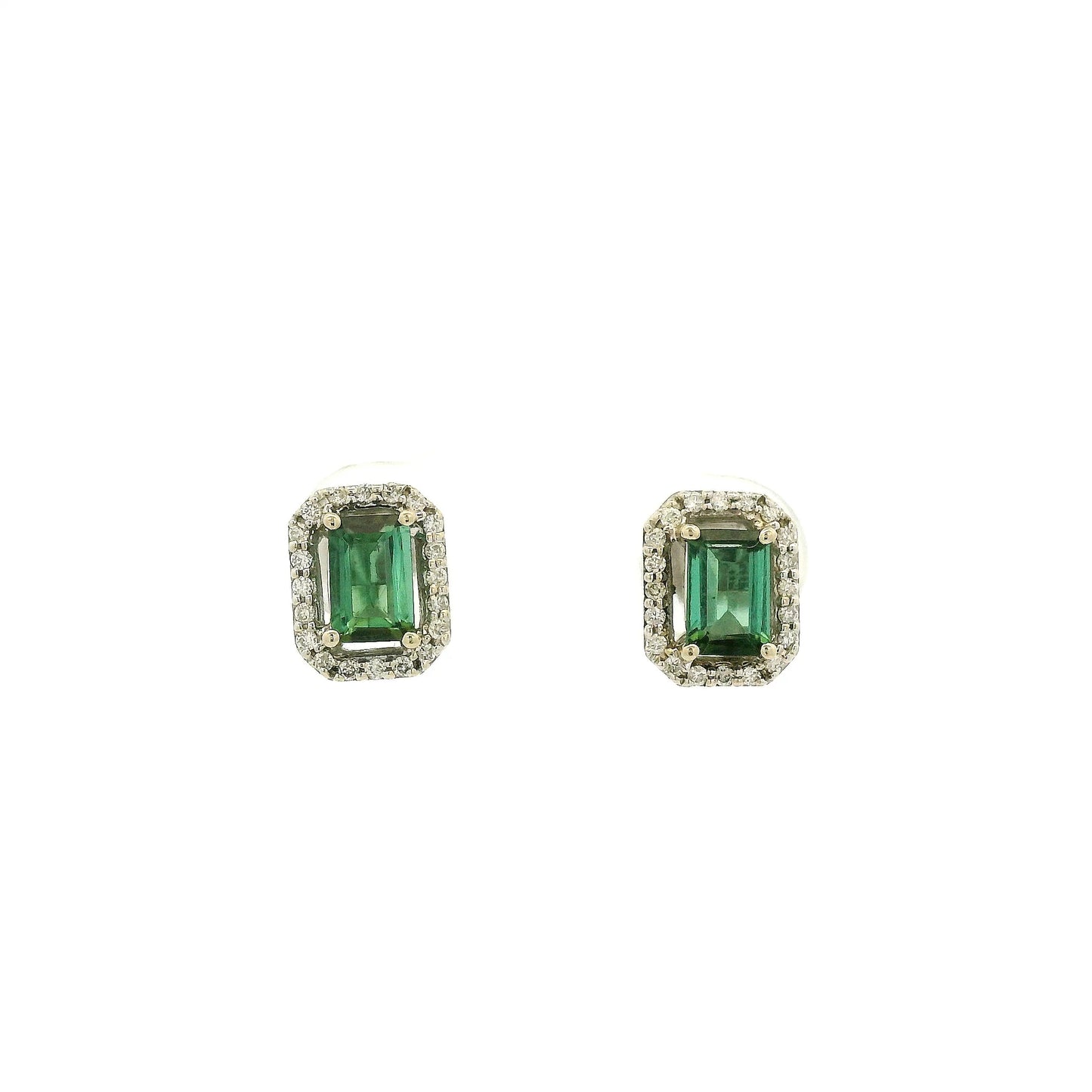 A Pair of White Gold Earrings with prong set emerald cut natural Green Tourmaline in the center with a diamond halo at Forever Rox Fine Jewelry, Lake Tahoes Best Jewelry Store
