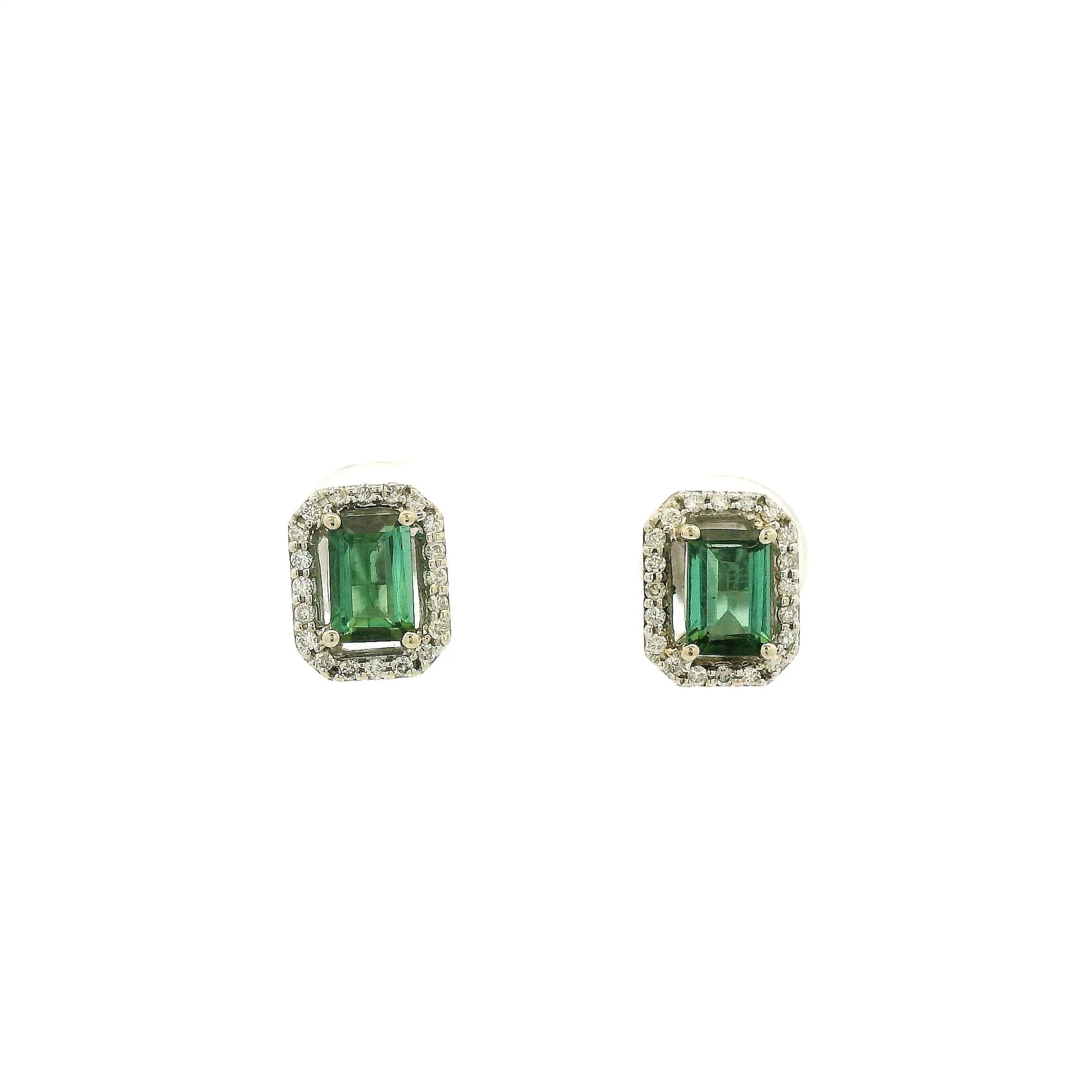 A Pair of White Gold Earrings with prong set emerald cut natural Green Tourmaline in the center with a diamond halo at Forever Rox Fine Jewelry, Lake Tahoes Best Jewelry Store