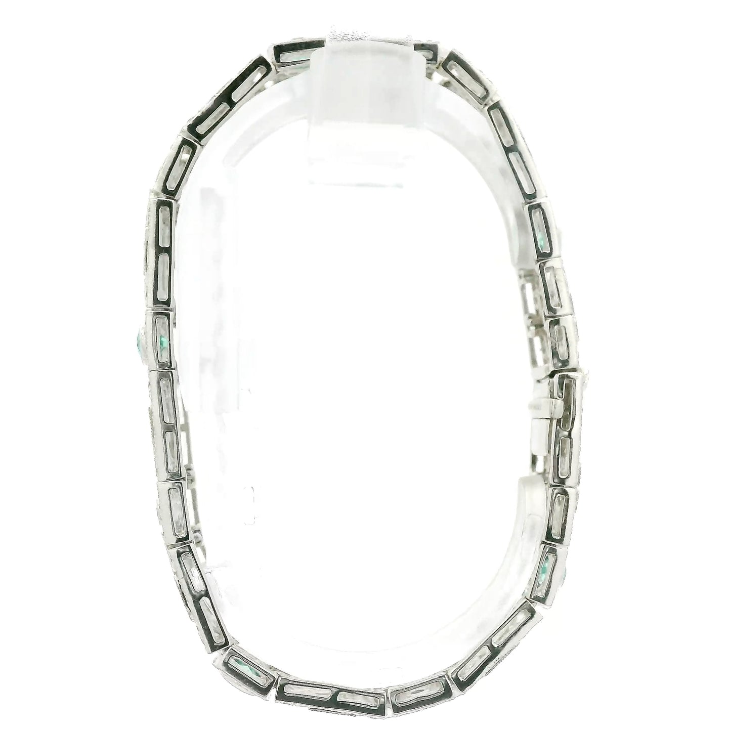 A White Gold Vintage Bracelet with bezel set oval cut natural Emeralds & natural diamonds at Forever Rox Fine Jewelry, Lake Tahoes Best Jewelry Store