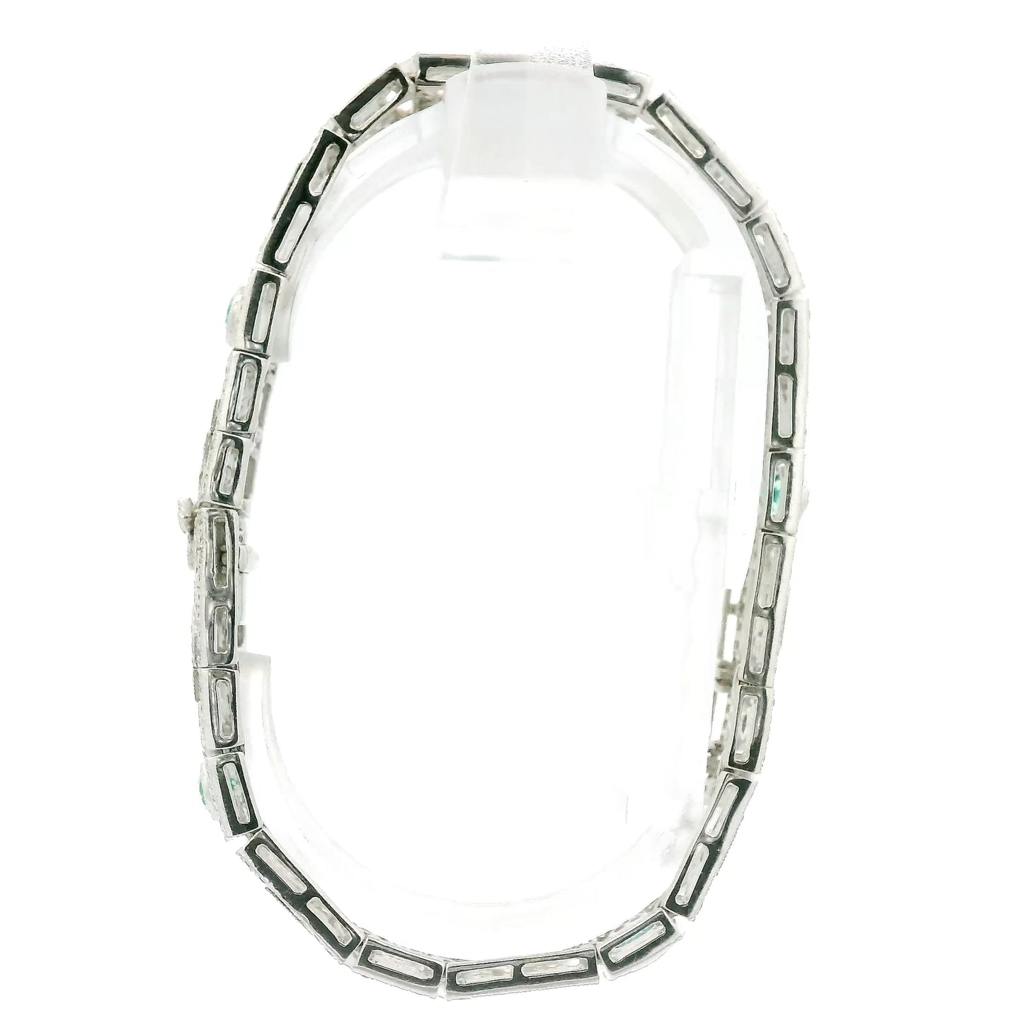 A White Gold Vintage Bracelet with bezel set oval cut natural Emeralds & natural diamonds at Forever Rox Fine Jewelry, Lake Tahoes Best Jewelry Store