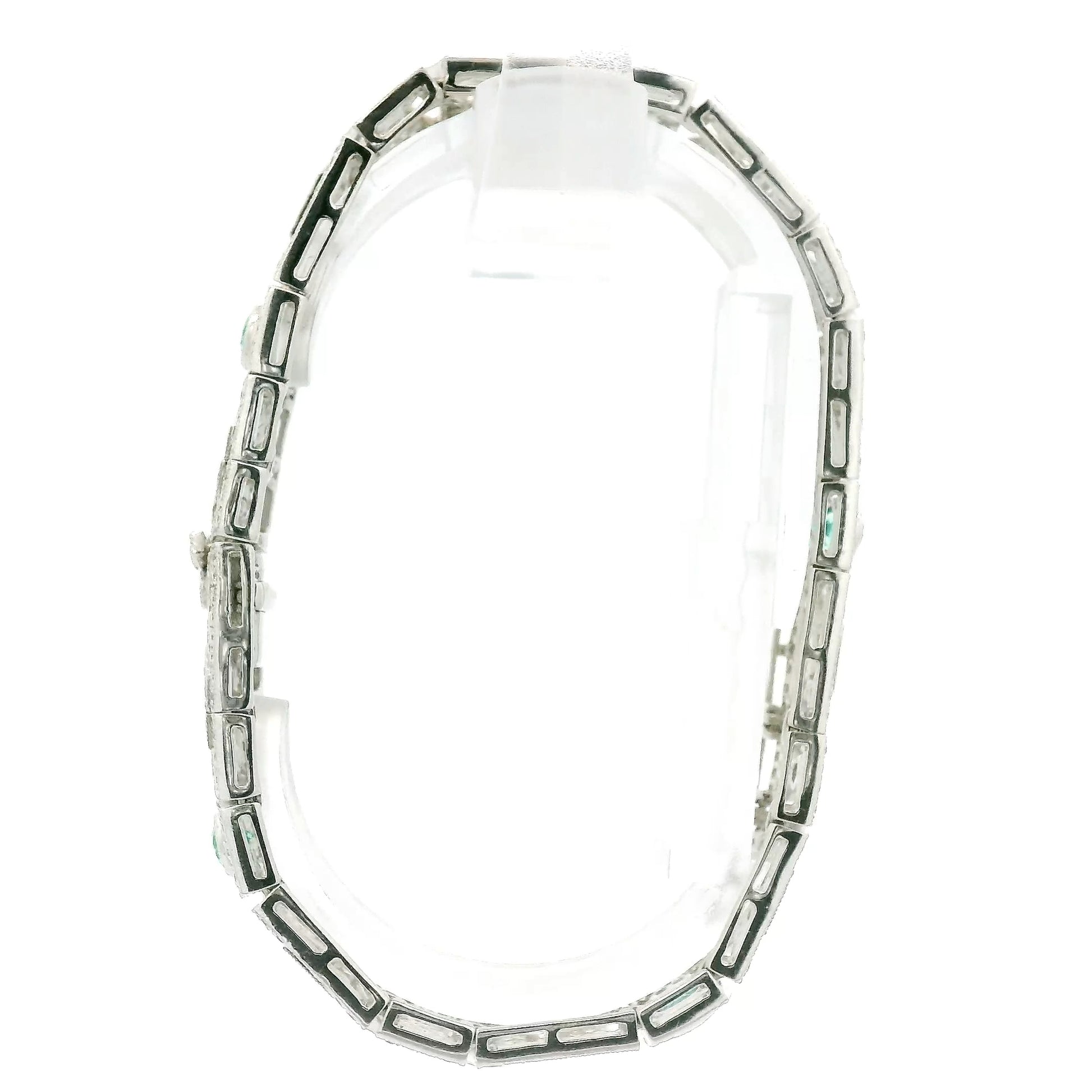 A White Gold Vintage Bracelet with bezel set oval cut natural Emeralds & natural diamonds at Forever Rox Fine Jewelry, Lake Tahoes Best Jewelry Store